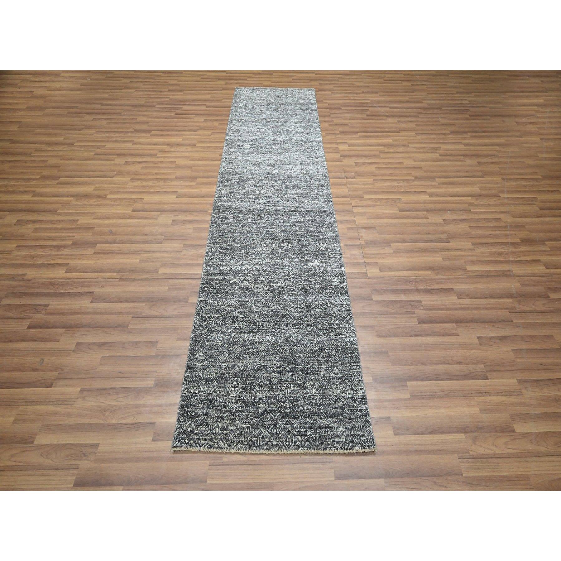 2'7"x9'10" Pebble Gray, Kohinoor Herat with Small Geometric Repetitive Diamond Design, Tone On Tone, Soft Wool, Hand Knotted, Runner, Oriental Rug Sh76412