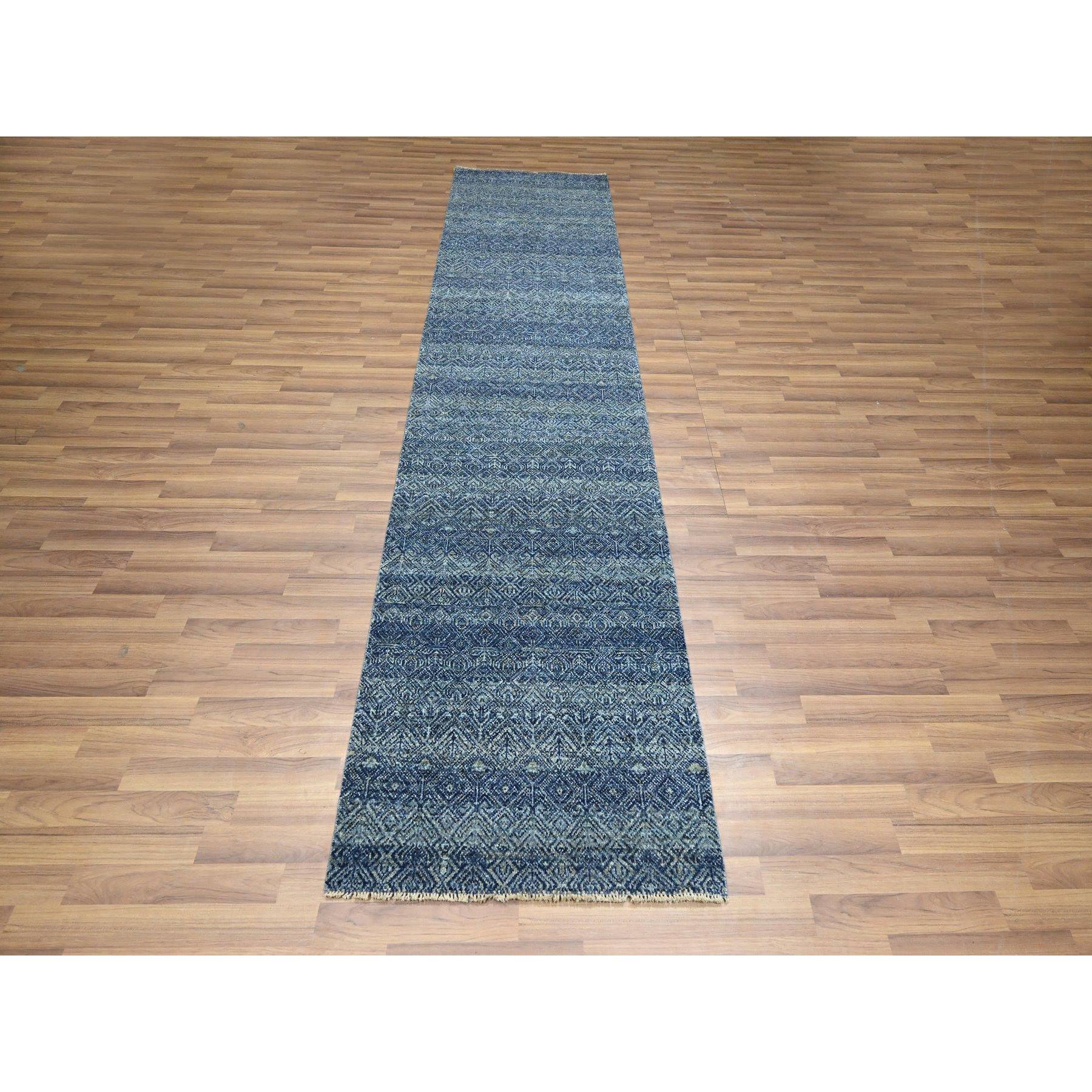 2'7"x10'2" Yale Blue, Kohinoor Herat Pattern, Small Geometric Repetitive Diamond Design, Soft Wool, Tone On Tone, Hand Knotted, Runner, Oriental Rug Sh76413