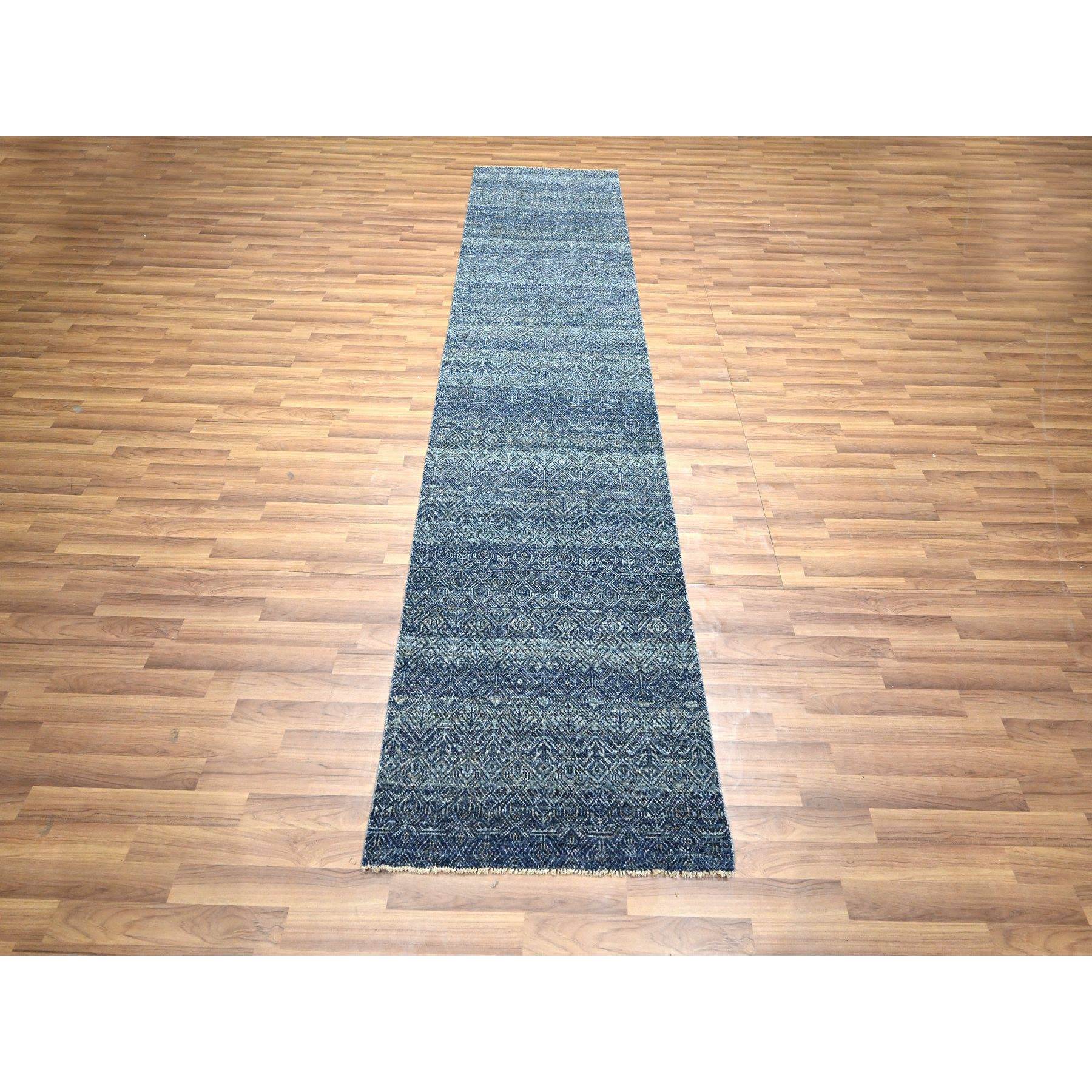 2'7"x10'2" Imperial Blue, Tone On Tone, Kohinoor Herat with Small Geometric Repetitive Diamond Design, Soft Wool, Hand Knotted, Runner, Oriental Rug Sh76414