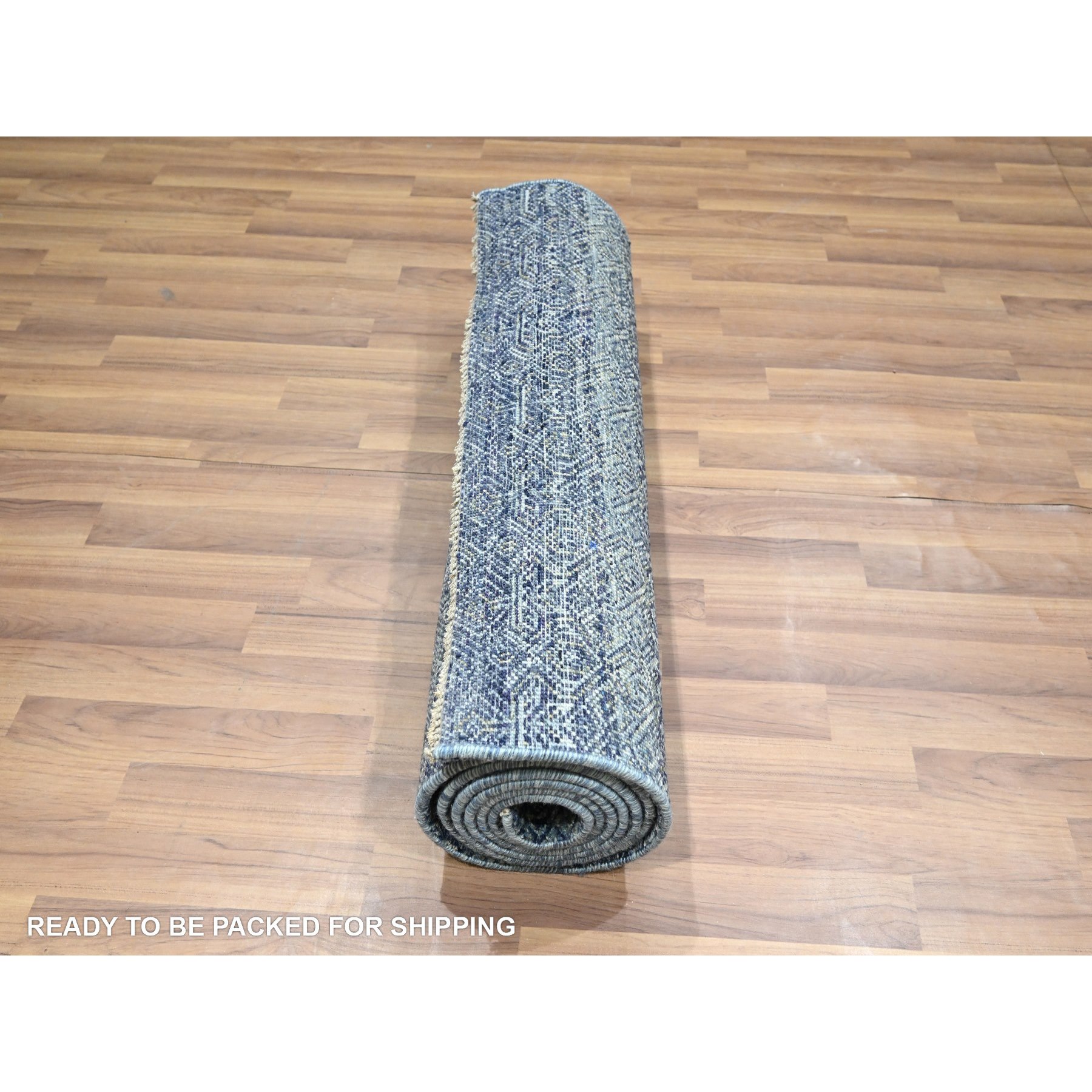 2'7"x10'2" Imperial Blue, Tone On Tone, Kohinoor Herat with Small Geometric Repetitive Diamond Design, Soft Wool, Hand Knotted, Runner, Oriental Rug Sh76414