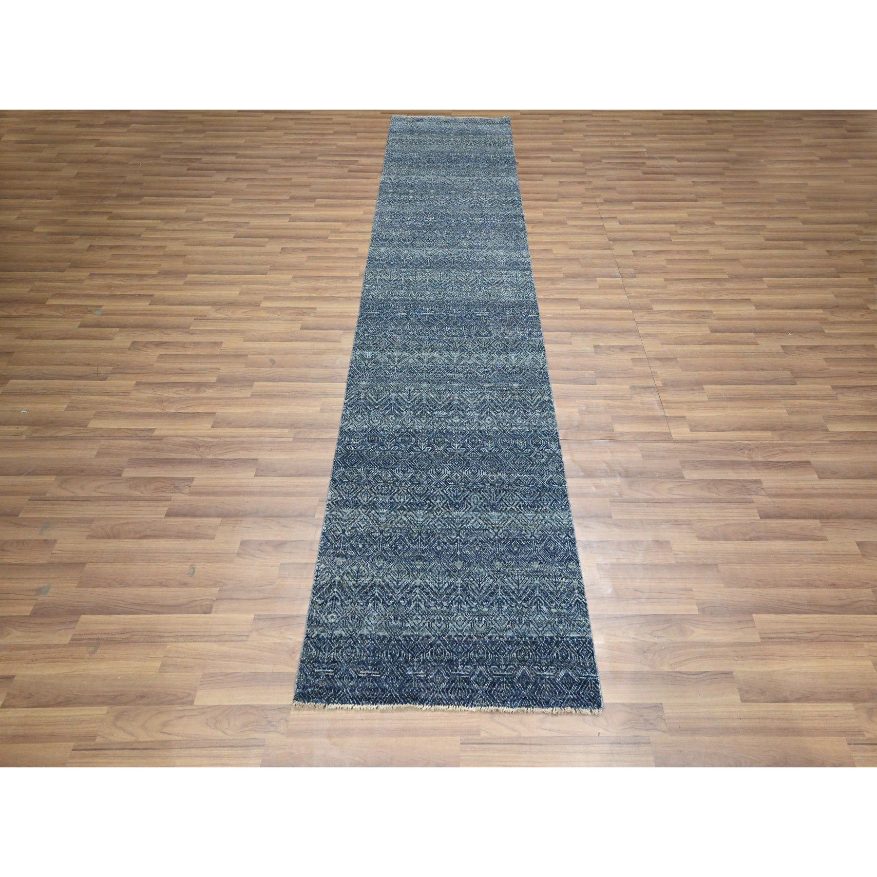 2'7"x10'2" Aegean Blue, Kohinoor Herat with Small Geometric Repetitive Diamond Pattern, Soft Wool, Tone On Tone, Hand Knotted, Runner, Oriental Rug Sh76415