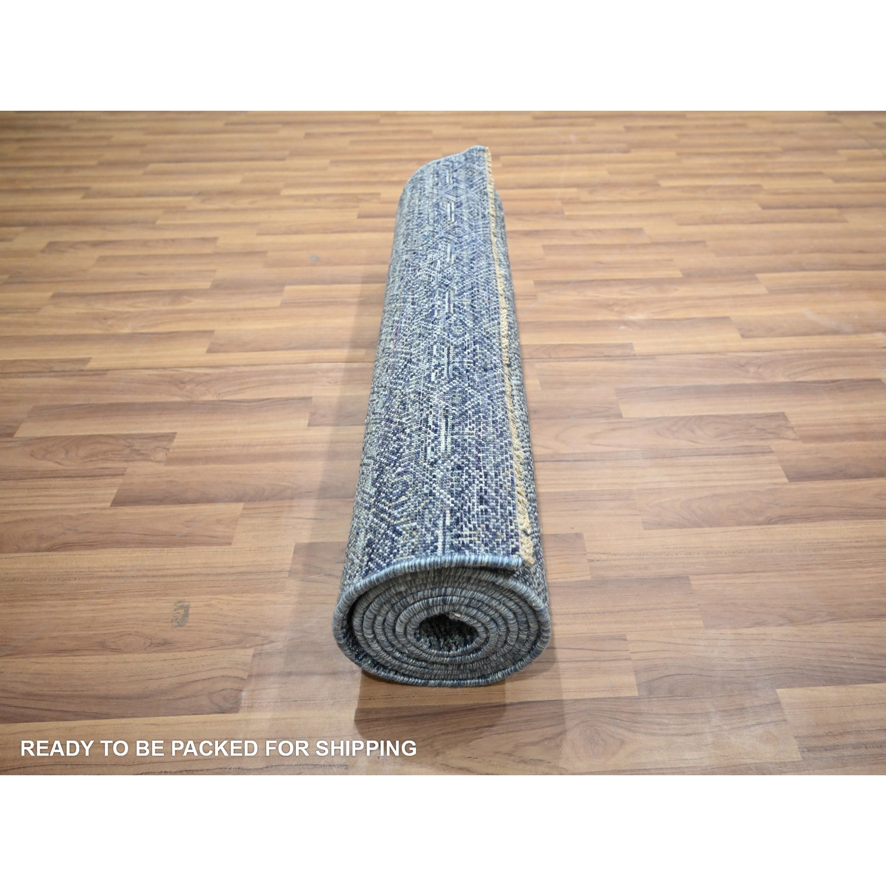 2'7"x10'2" Aegean Blue, Kohinoor Herat with Small Geometric Repetitive Diamond Pattern, Soft Wool, Tone On Tone, Hand Knotted, Runner, Oriental Rug Sh76415