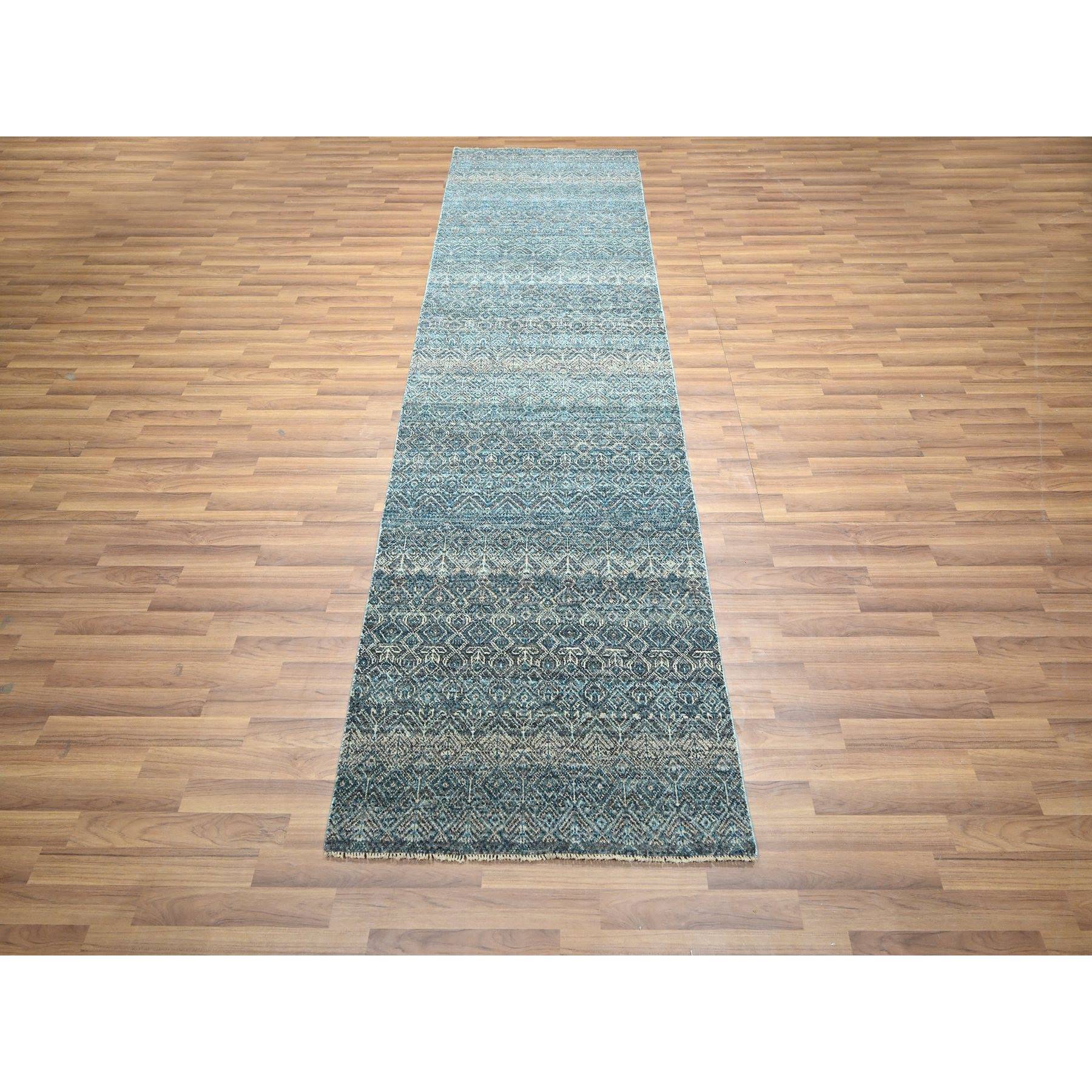 3'1"x9'9" Storm Blue, Kohinoor Herat Pattern, Small Geometric Repetitive Diamond Design, Soft Wool, Tone On Tone, Hand Knotted, Runner, Oriental Rug Sh76418