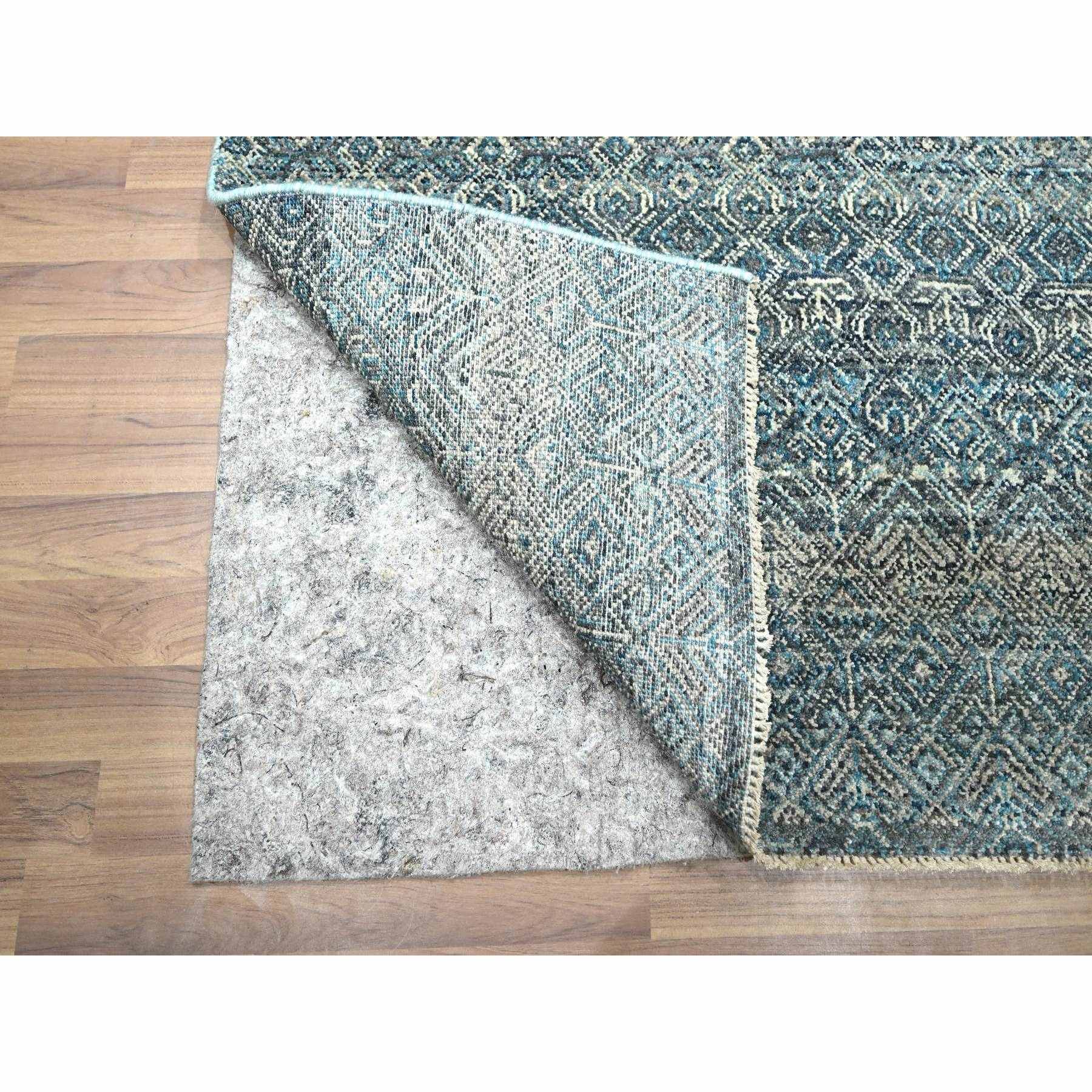 3'1"x9'9" Storm Blue, Kohinoor Herat Pattern, Small Geometric Repetitive Diamond Design, Soft Wool, Tone On Tone, Hand Knotted, Runner, Oriental Rug Sh76418