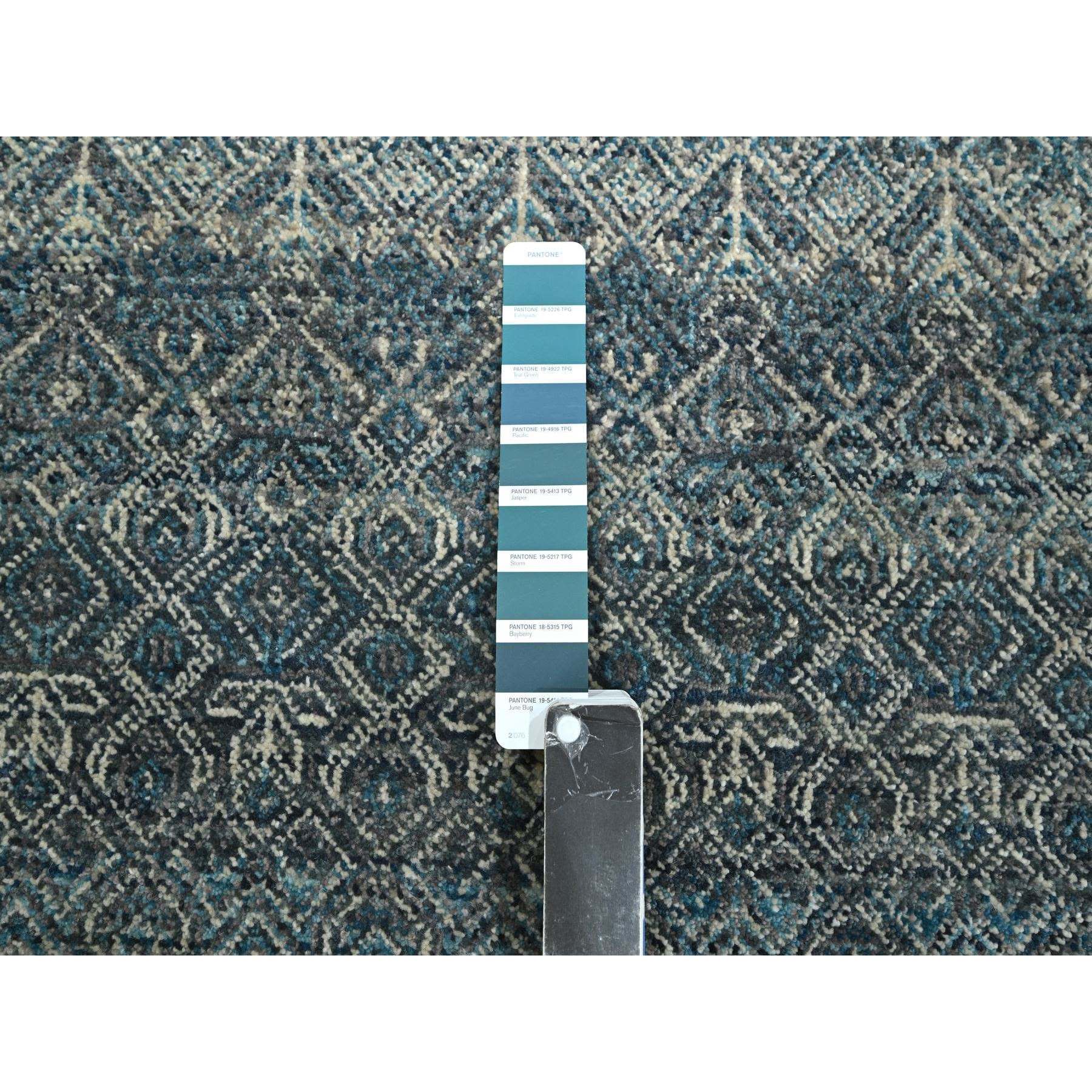 3'1"x9'9" Storm Blue, Kohinoor Herat Pattern, Small Geometric Repetitive Diamond Design, Soft Wool, Tone On Tone, Hand Knotted, Runner, Oriental Rug Sh76418