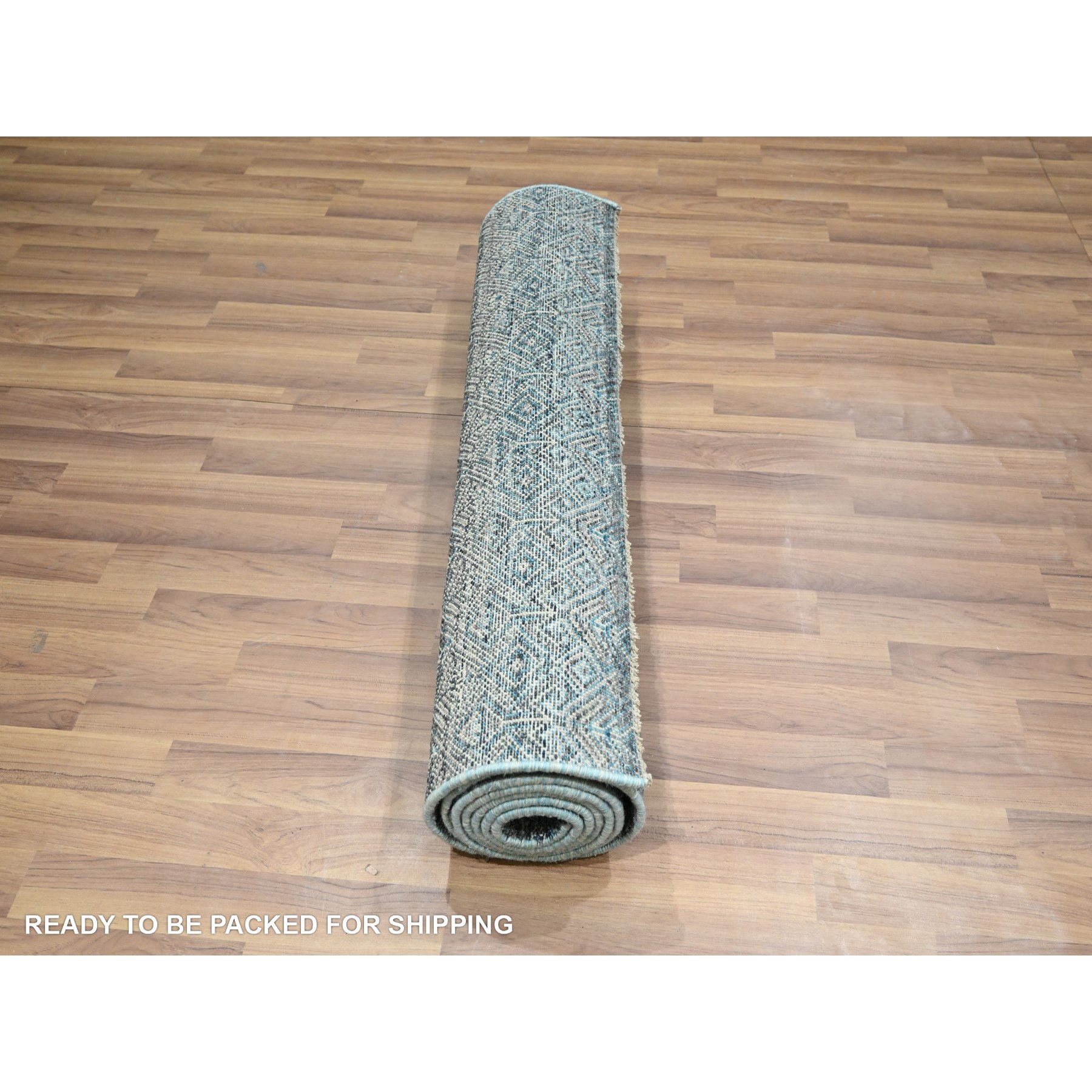 3'1"x9'9" Storm Blue, Kohinoor Herat Pattern, Small Geometric Repetitive Diamond Design, Soft Wool, Tone On Tone, Hand Knotted, Runner, Oriental Rug Sh76418