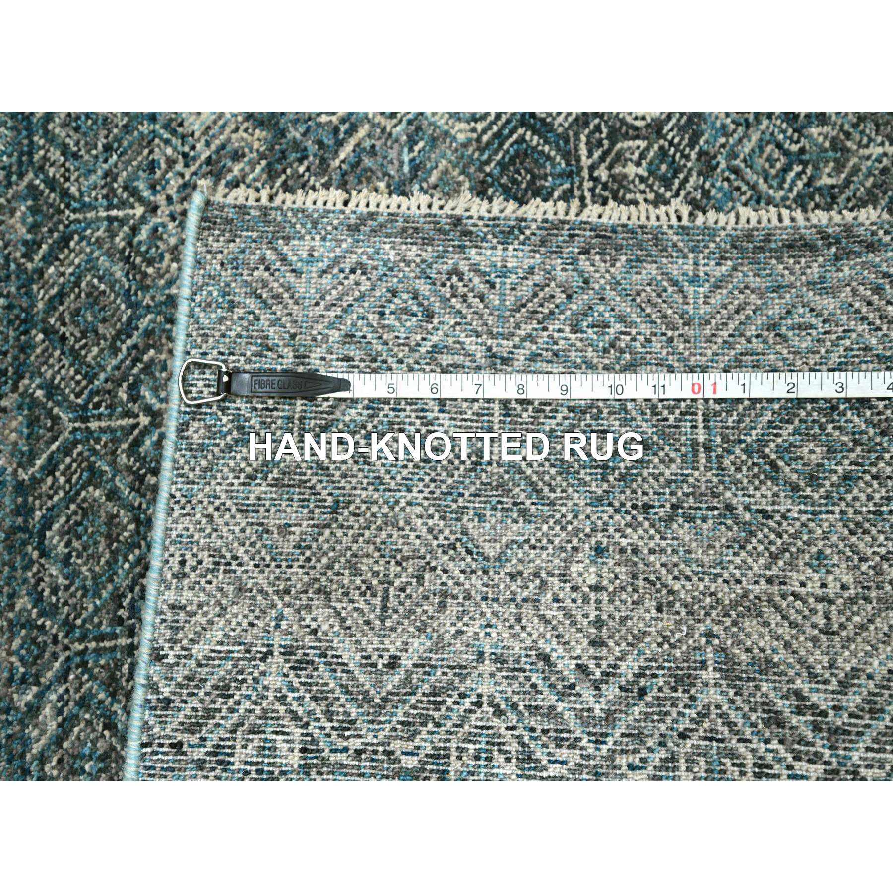 3'1"x9'9" Storm Blue, Kohinoor Herat Pattern, Small Geometric Repetitive Diamond Design, Soft Wool, Tone On Tone, Hand Knotted, Runner, Oriental Rug Sh76418