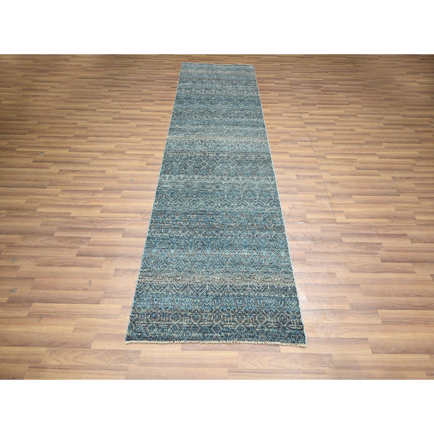 3'x9'9" Jasper Blue, Kohinoor Herat Pattern, Small Geometric Repetitive Diamond Design, Soft Wool, Tone On Tone, Hand Knotted, Runner, Oriental Rug Sh76419