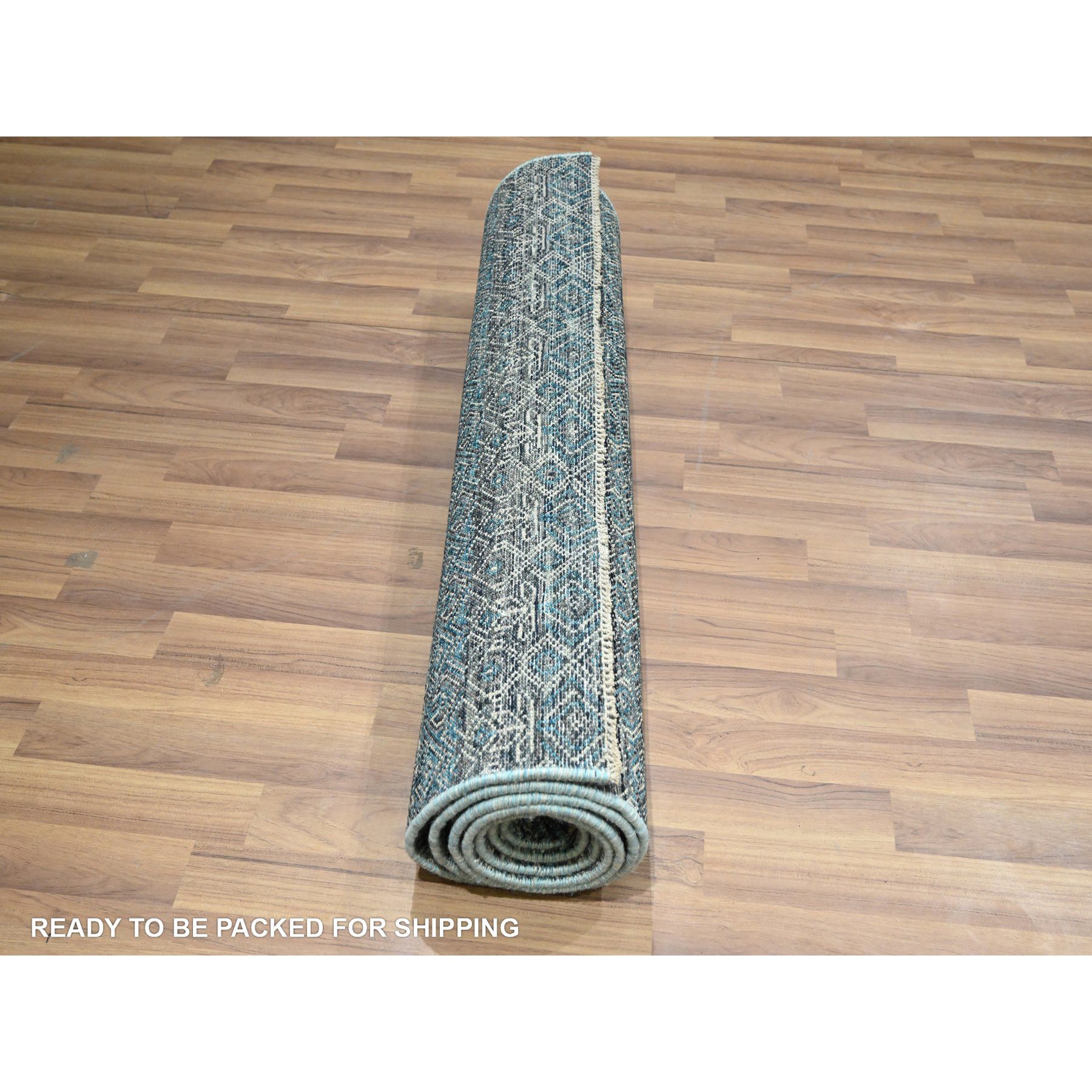 3'x9'9" Jasper Blue, Kohinoor Herat Pattern, Small Geometric Repetitive Diamond Design, Soft Wool, Tone On Tone, Hand Knotted, Runner, Oriental Rug Sh76419