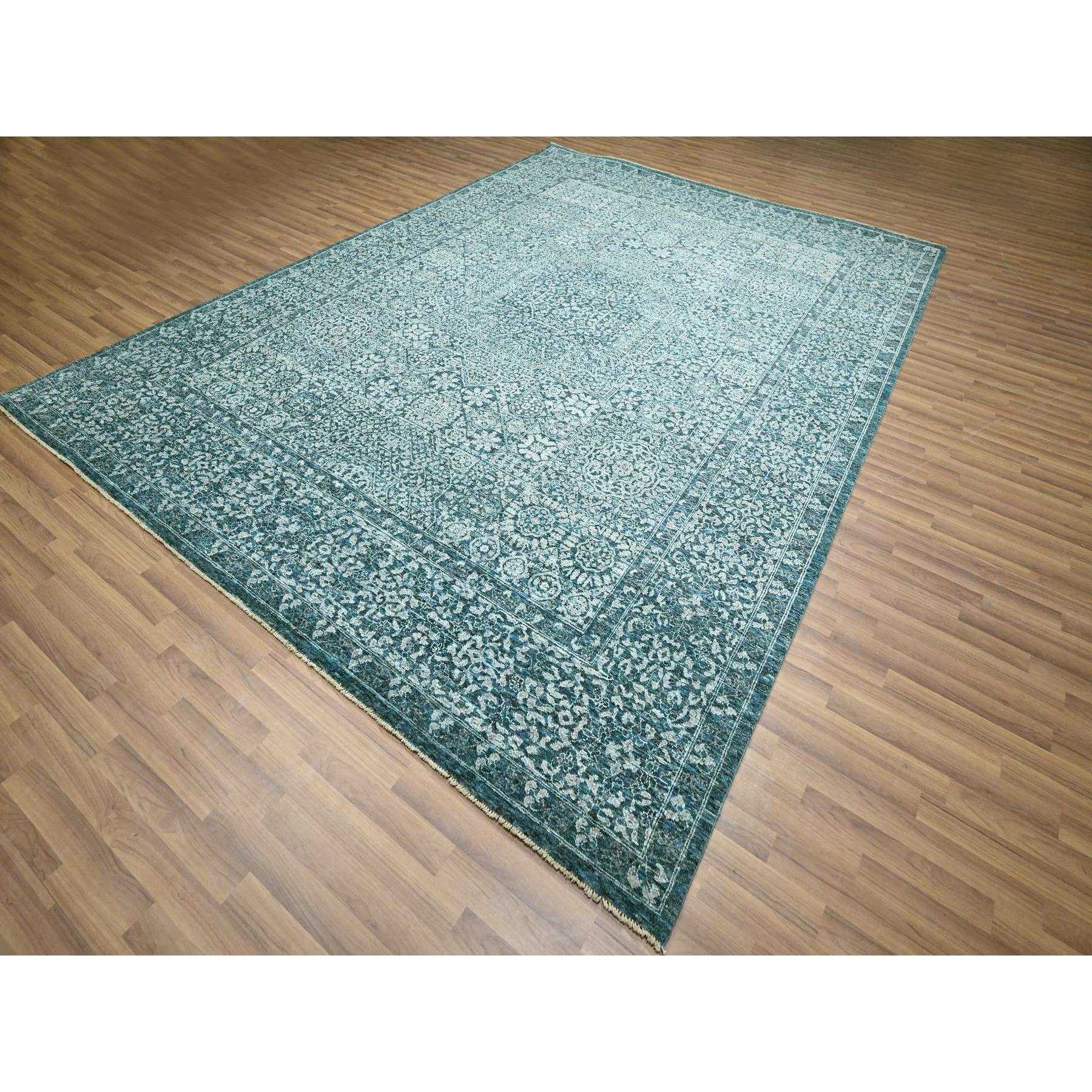 9'x12'1" Teal, Pre Historic 14th Century Influence Mamluk Design, Natural Dyes, Hand Knotted, Pure Wool, Oriental Rug Sh76420