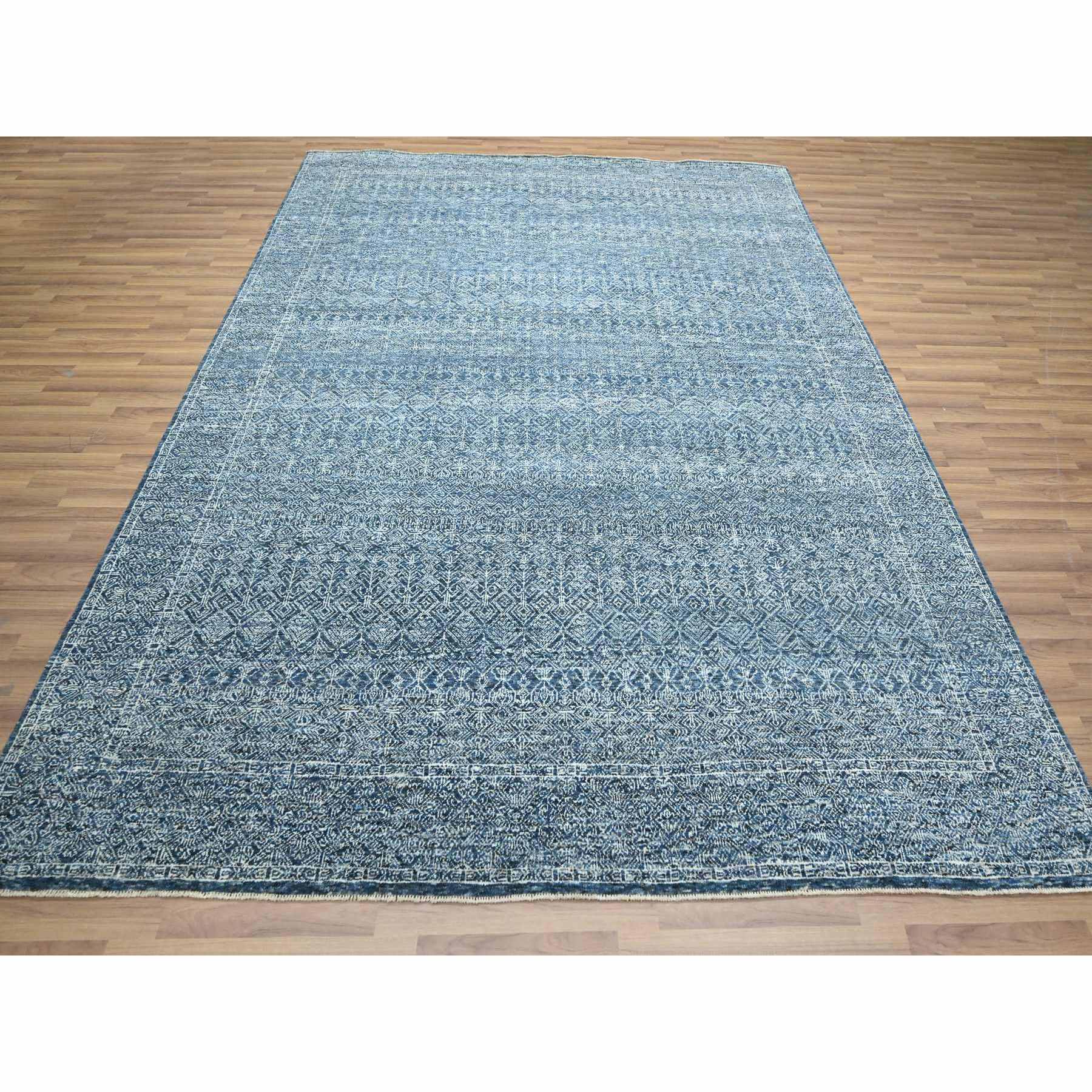 8'x10'1" Imperial Blue, Intricate Garden Pattern, Agra, Tone on Tone, Dense Weave, Hand Knotted, Pure Wool, Oriental Rug Sh76425