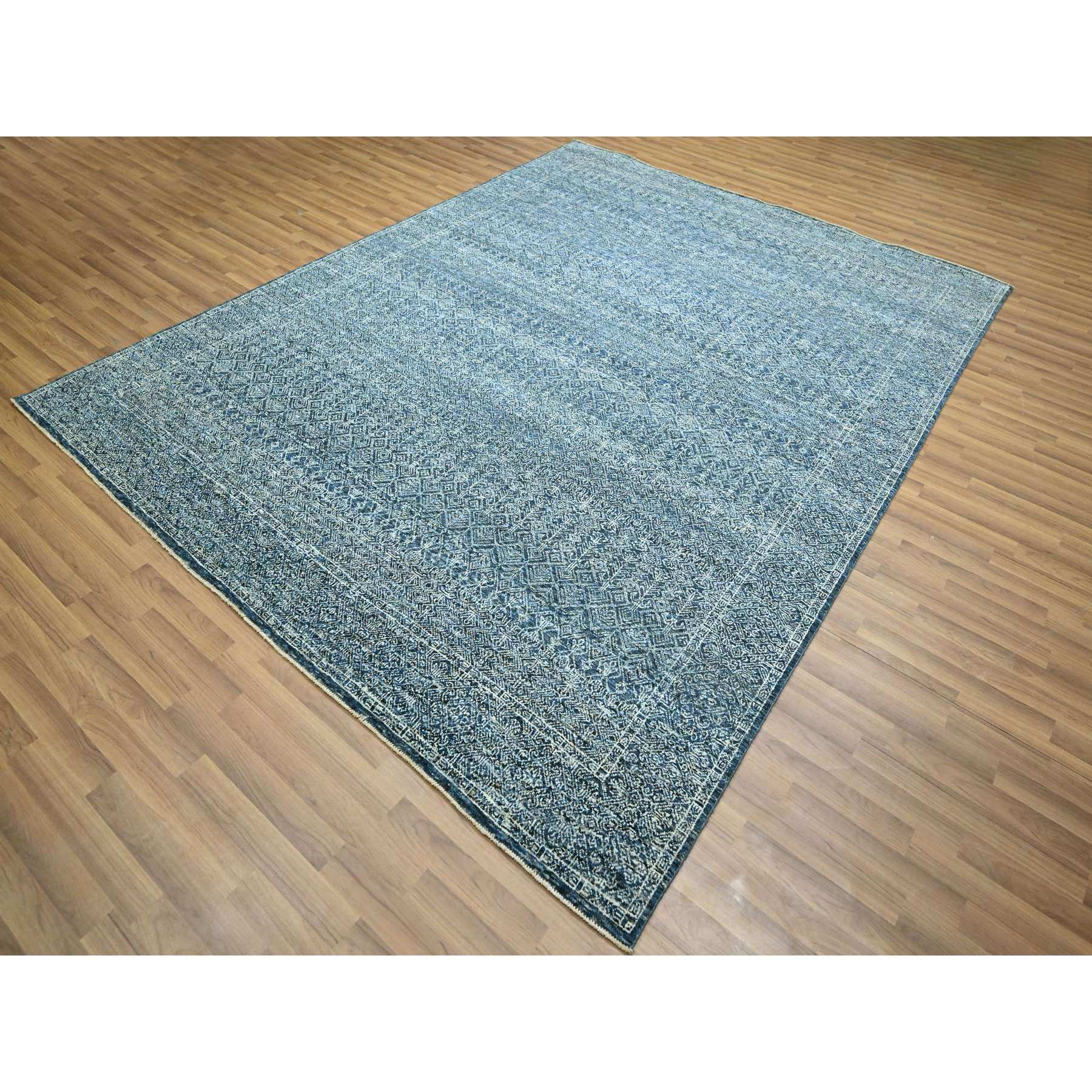 8'x10'1" Imperial Blue, Intricate Garden Pattern, Agra, Tone on Tone, Dense Weave, Hand Knotted, Pure Wool, Oriental Rug Sh76425