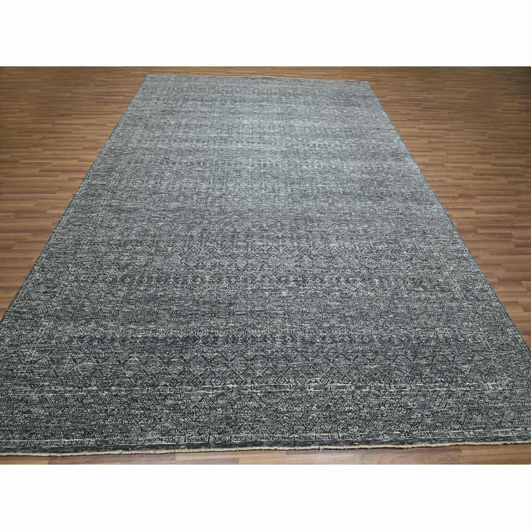 9'2"x12'1" Pebble Gray, Geometric Garden Pattern, Agra, Tone on Tone, Dense Weave, Hand Knotted, Pure Wool, Oriental Rug Sh76426