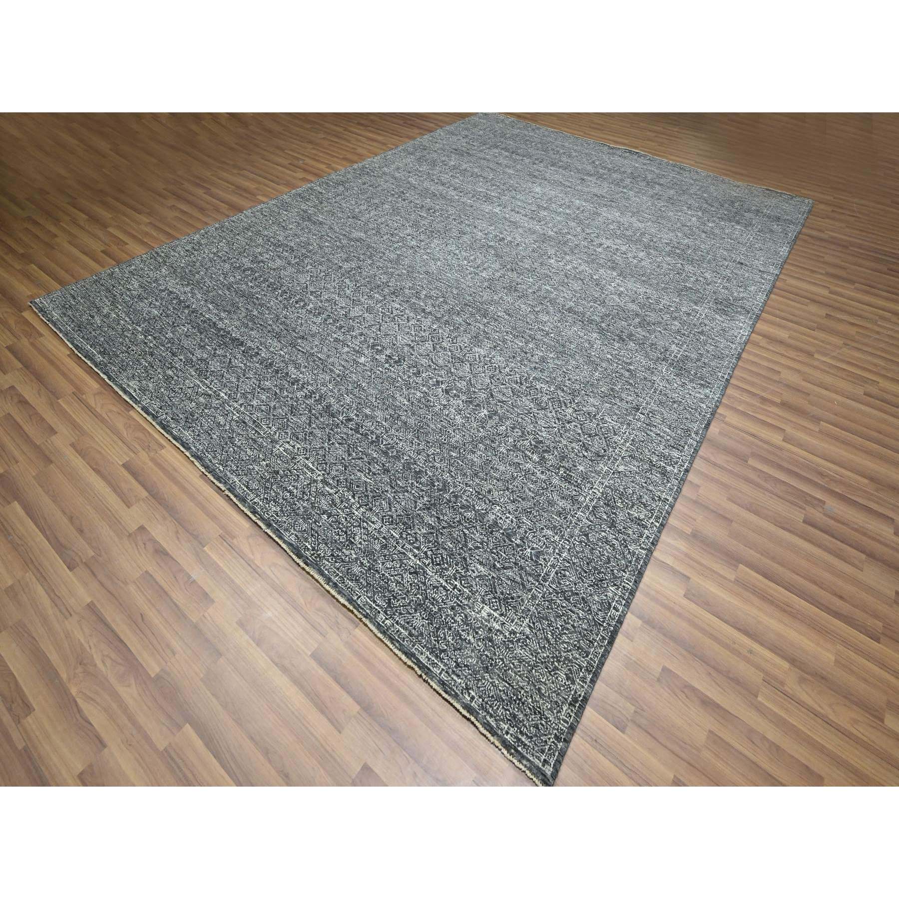 9'2"x12'1" Pebble Gray, Geometric Garden Pattern, Agra, Tone on Tone, Dense Weave, Hand Knotted, Pure Wool, Oriental Rug Sh76426