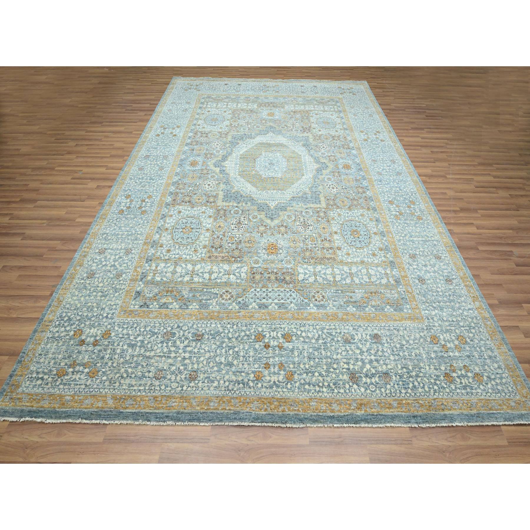 9'1"x12'2" Stone Blue with Gold, Mamluk Design, Pre Historic 14th Century Influence, Natural Dyes, 100% Wool, Hand Knotted, Oriental Rug Sh76428