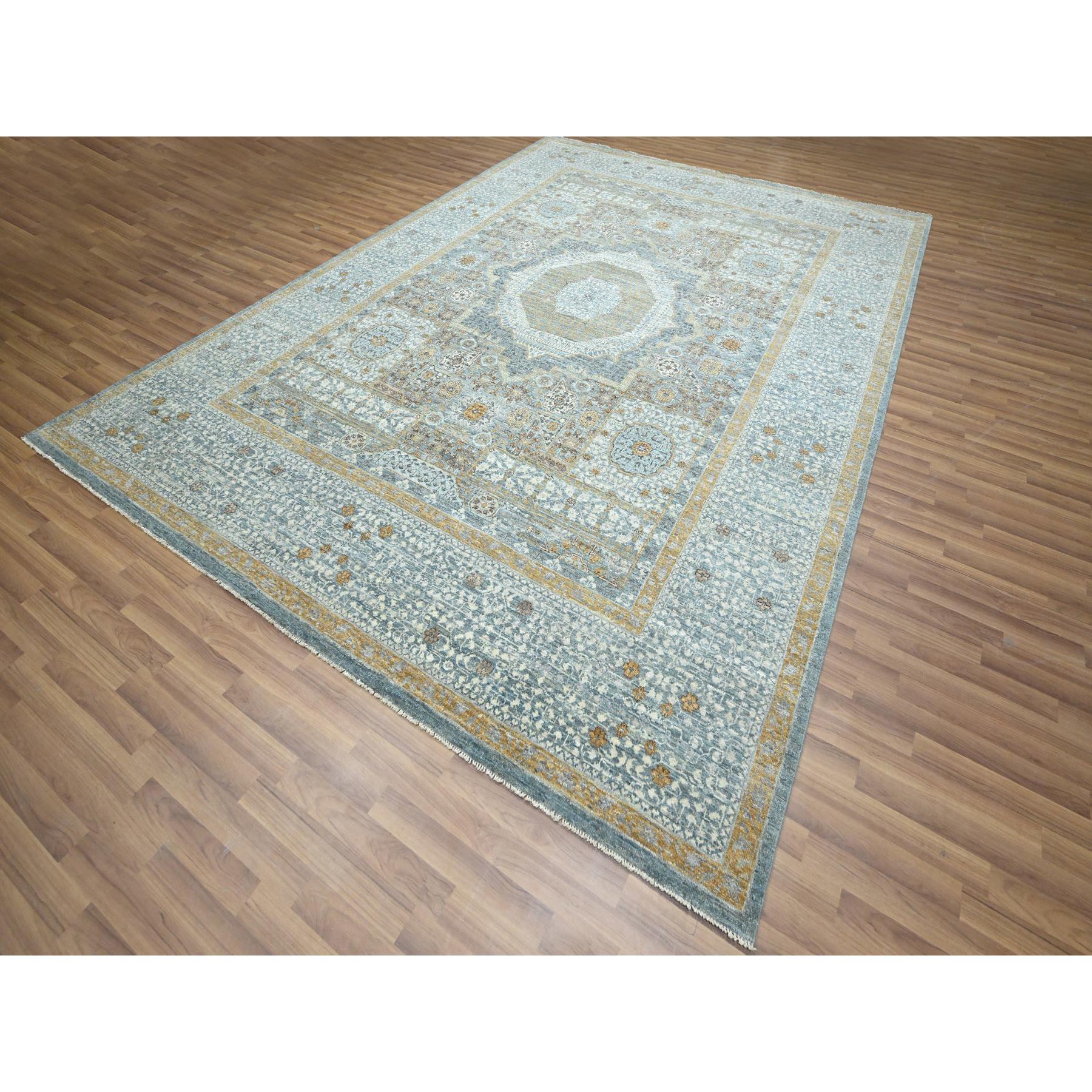 9'1"x12'2" Stone Blue with Gold, Mamluk Design, Pre Historic 14th Century Influence, Natural Dyes, 100% Wool, Hand Knotted, Oriental Rug Sh76428