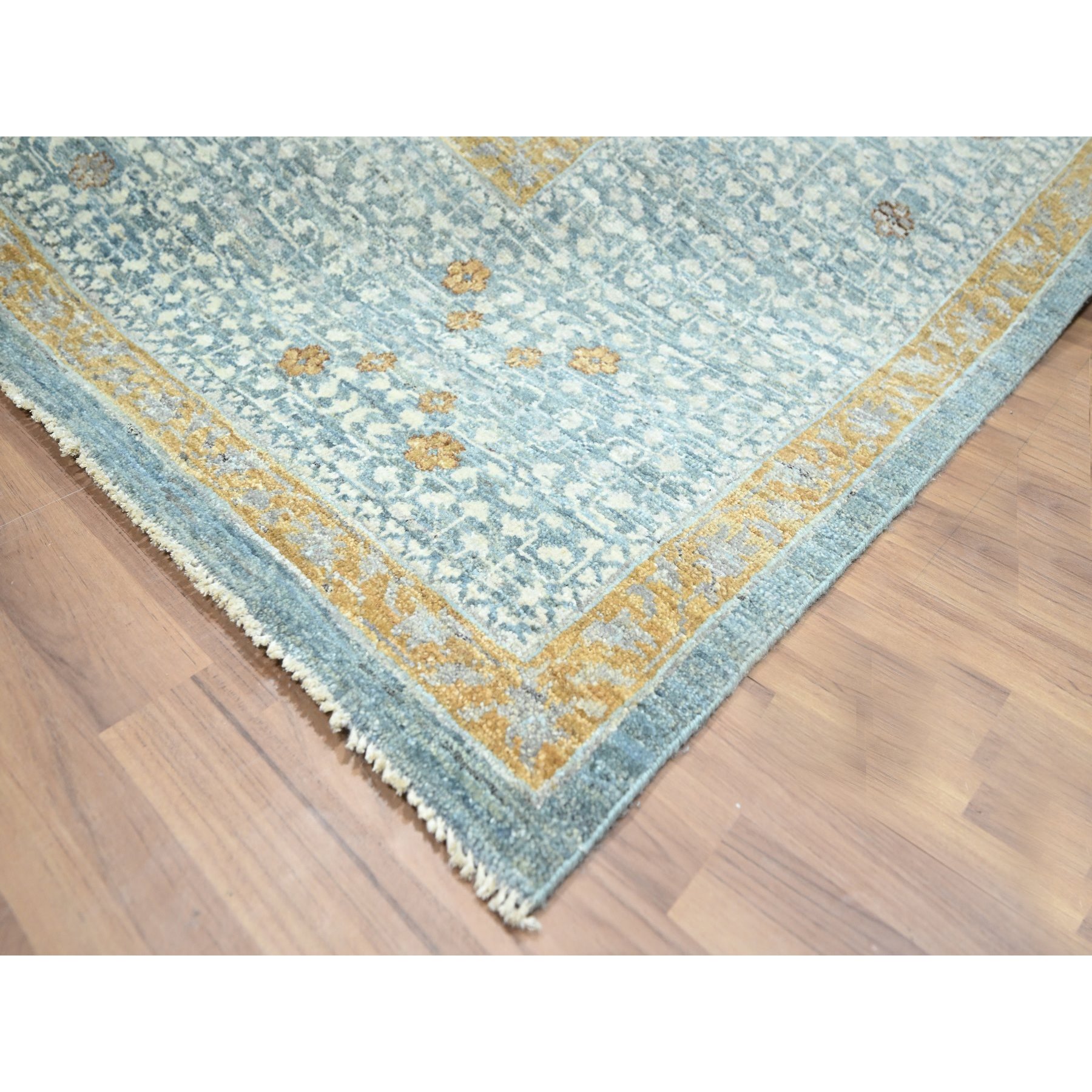 9'1"x12'2" Stone Blue with Gold, Mamluk Design, Pre Historic 14th Century Influence, Natural Dyes, 100% Wool, Hand Knotted, Oriental Rug Sh76428