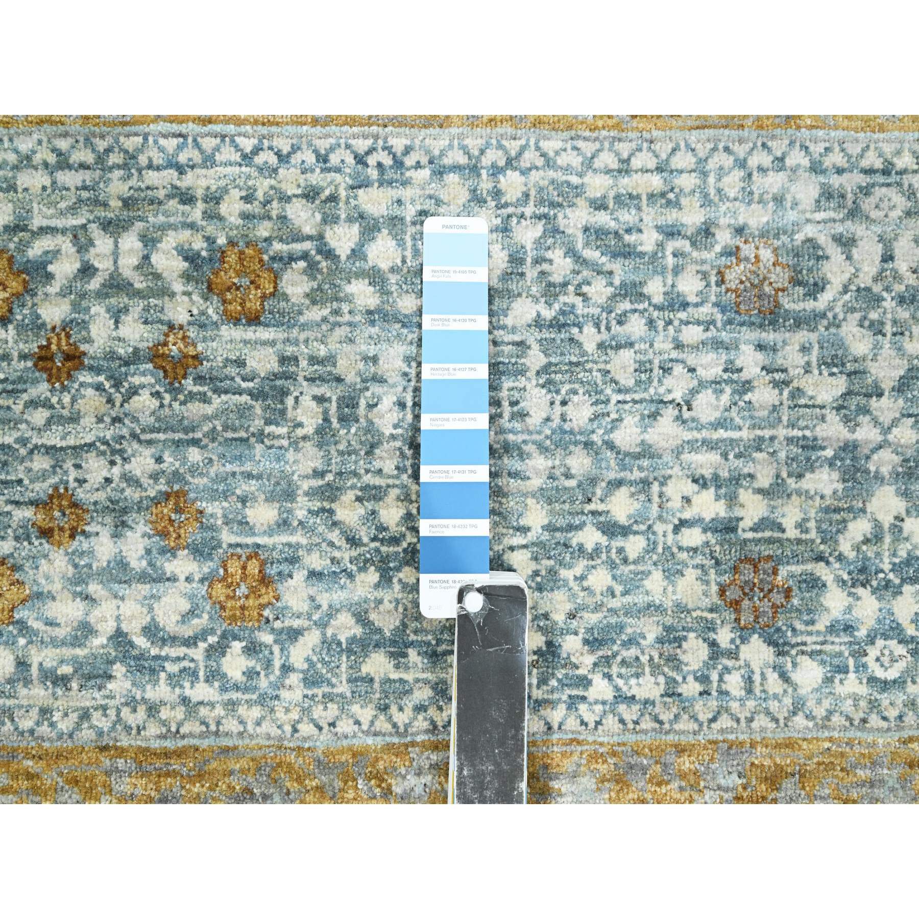9'1"x12'2" Stone Blue with Gold, Mamluk Design, Pre Historic 14th Century Influence, Natural Dyes, 100% Wool, Hand Knotted, Oriental Rug Sh76428