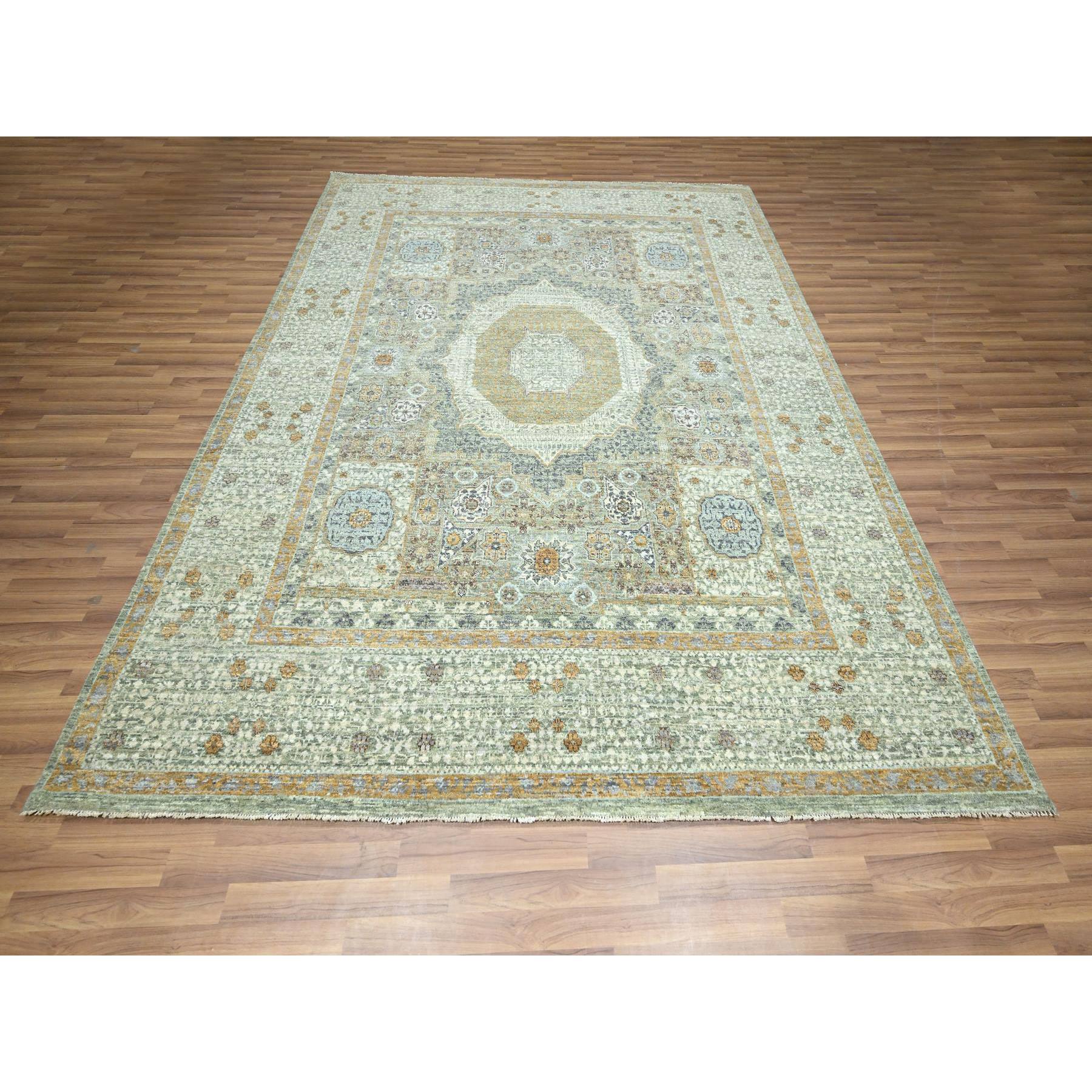 8'2"x10'1" Sage Green, Mamluk Design, Pre Historic 14th Century Influence, Natural Dyes, Hand Knotted, Pure Wool, Oriental Rug Sh76430