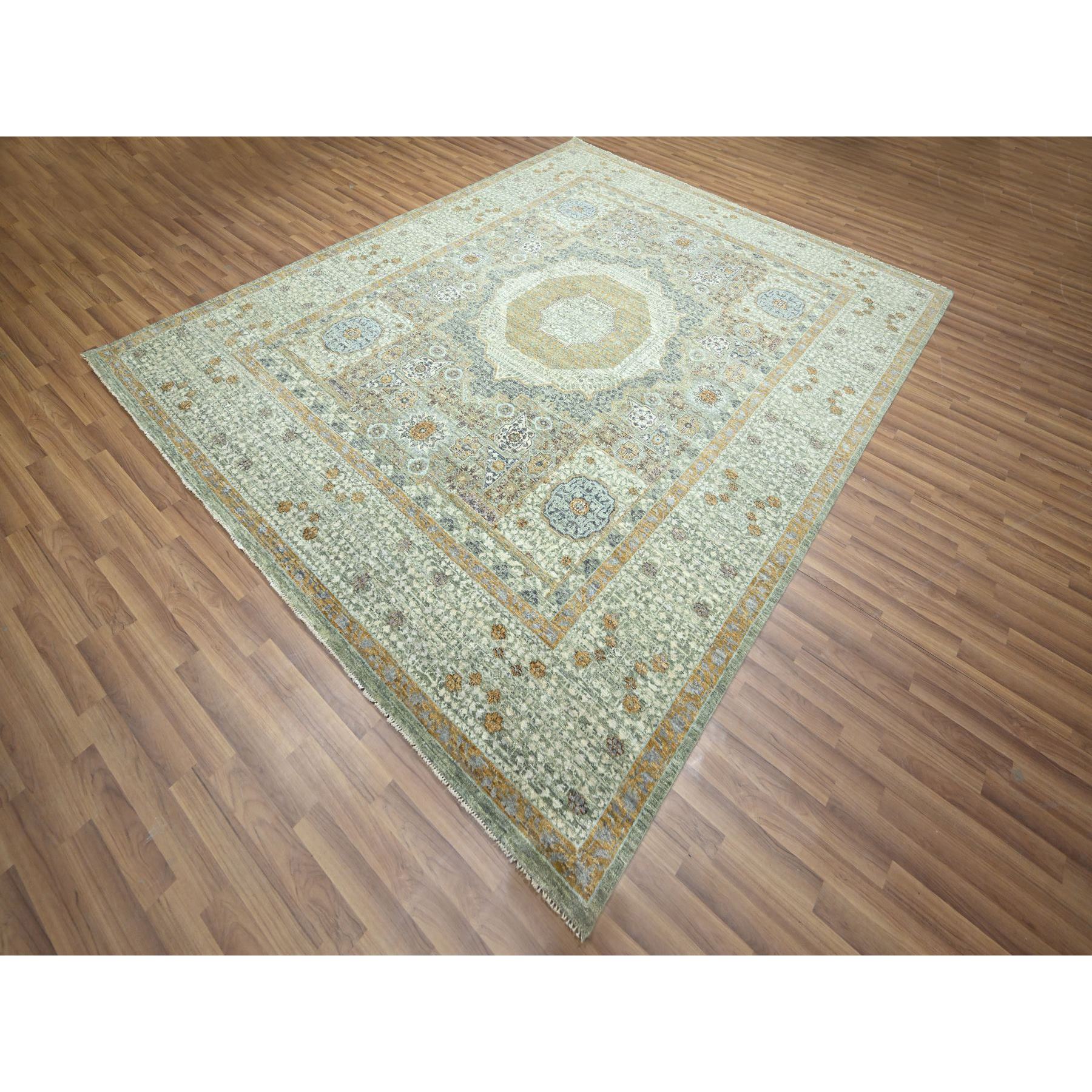 8'2"x10'1" Sage Green, Mamluk Design, Pre Historic 14th Century Influence, Natural Dyes, Hand Knotted, Pure Wool, Oriental Rug Sh76430