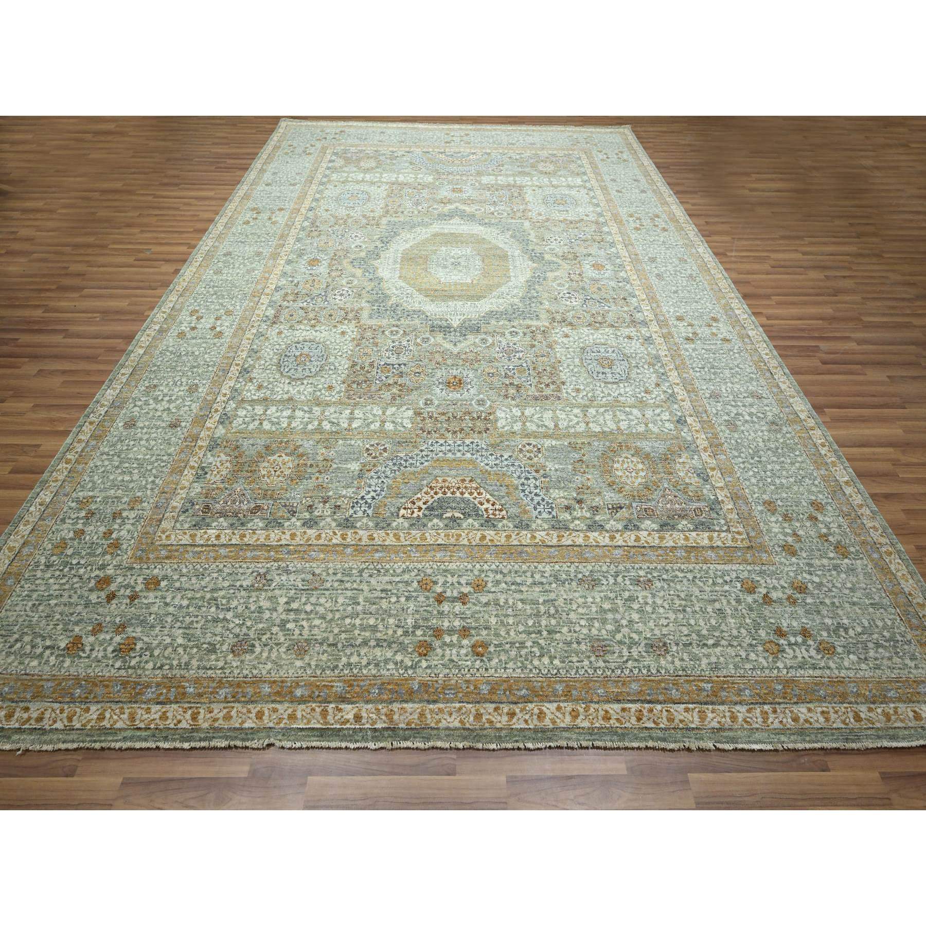 10'x14'1" Mint Green, Pre Historic 14th Century Influence, Mamluk Design, Natural Dyes, 100% Wool, Hand Knotted, Oriental Rug Sh76431
