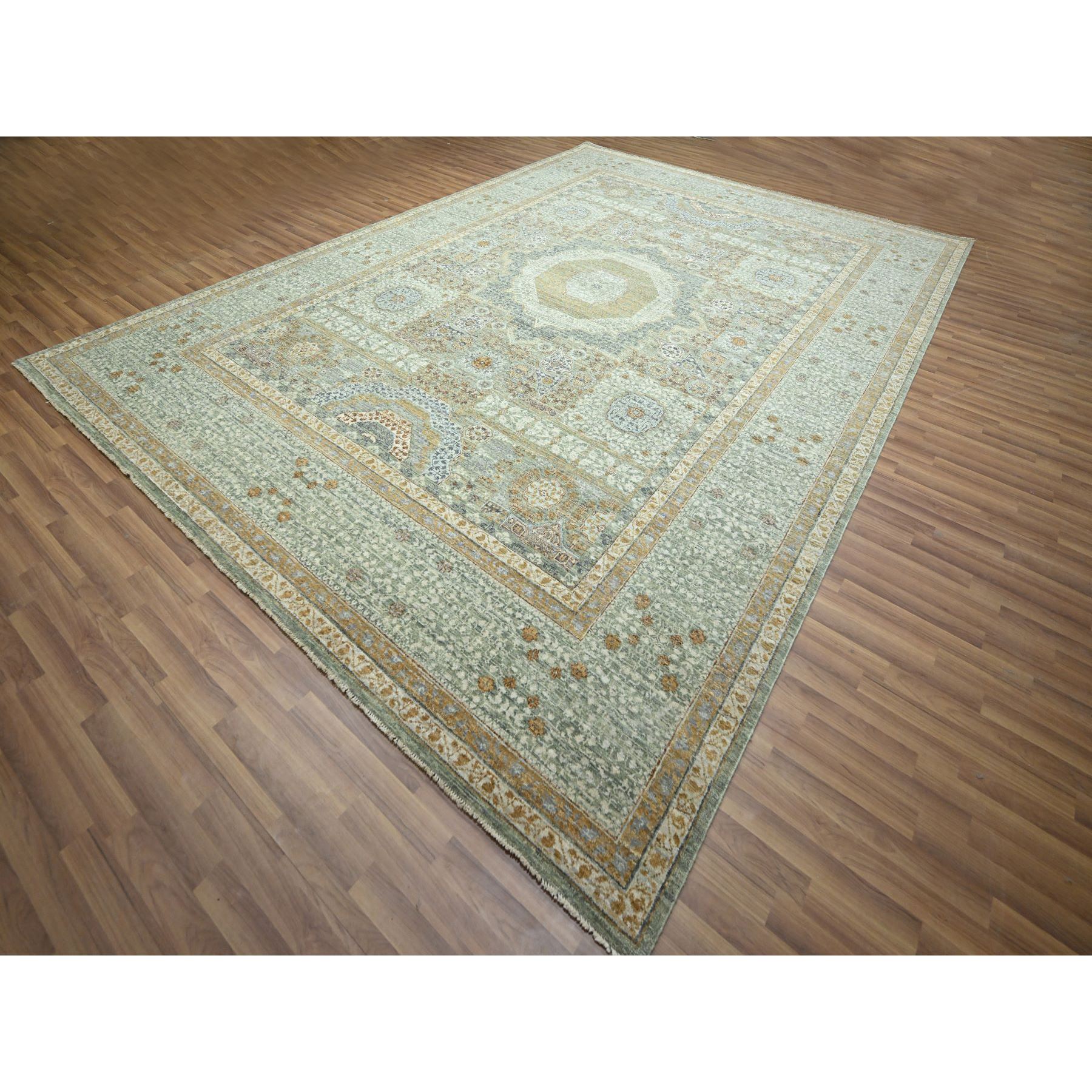10'x14'1" Mint Green, Pre Historic 14th Century Influence, Mamluk Design, Natural Dyes, 100% Wool, Hand Knotted, Oriental Rug Sh76431