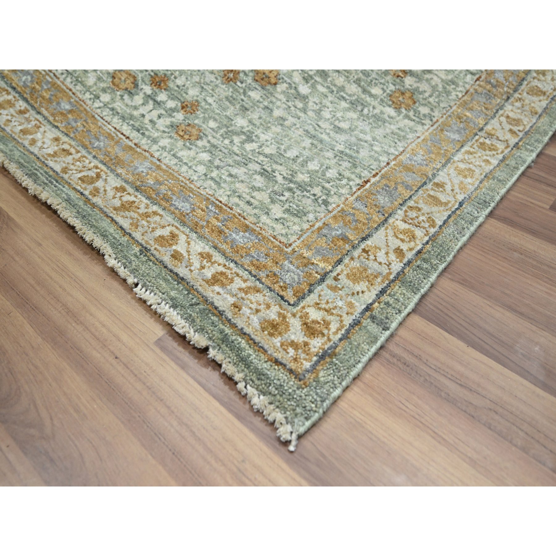 10'x14'1" Mint Green, Pre Historic 14th Century Influence, Mamluk Design, Natural Dyes, 100% Wool, Hand Knotted, Oriental Rug Sh76431
