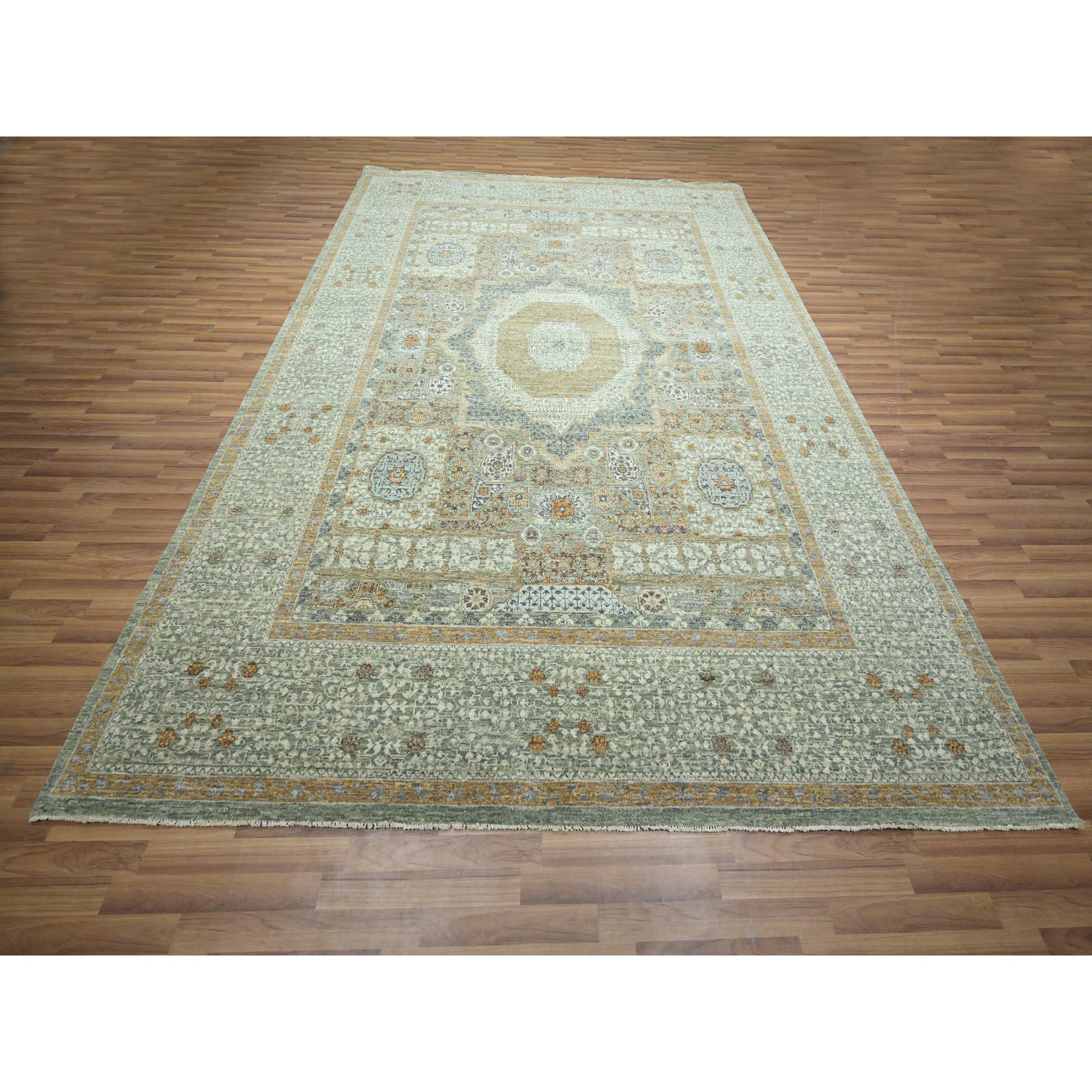 9'x12'1" Pistachio Green, Mamluk Design, Pre Historic 14th Century Influence, Natural Dyes, Pure Wool, Hand Knotted, Oriental Rug Sh76432