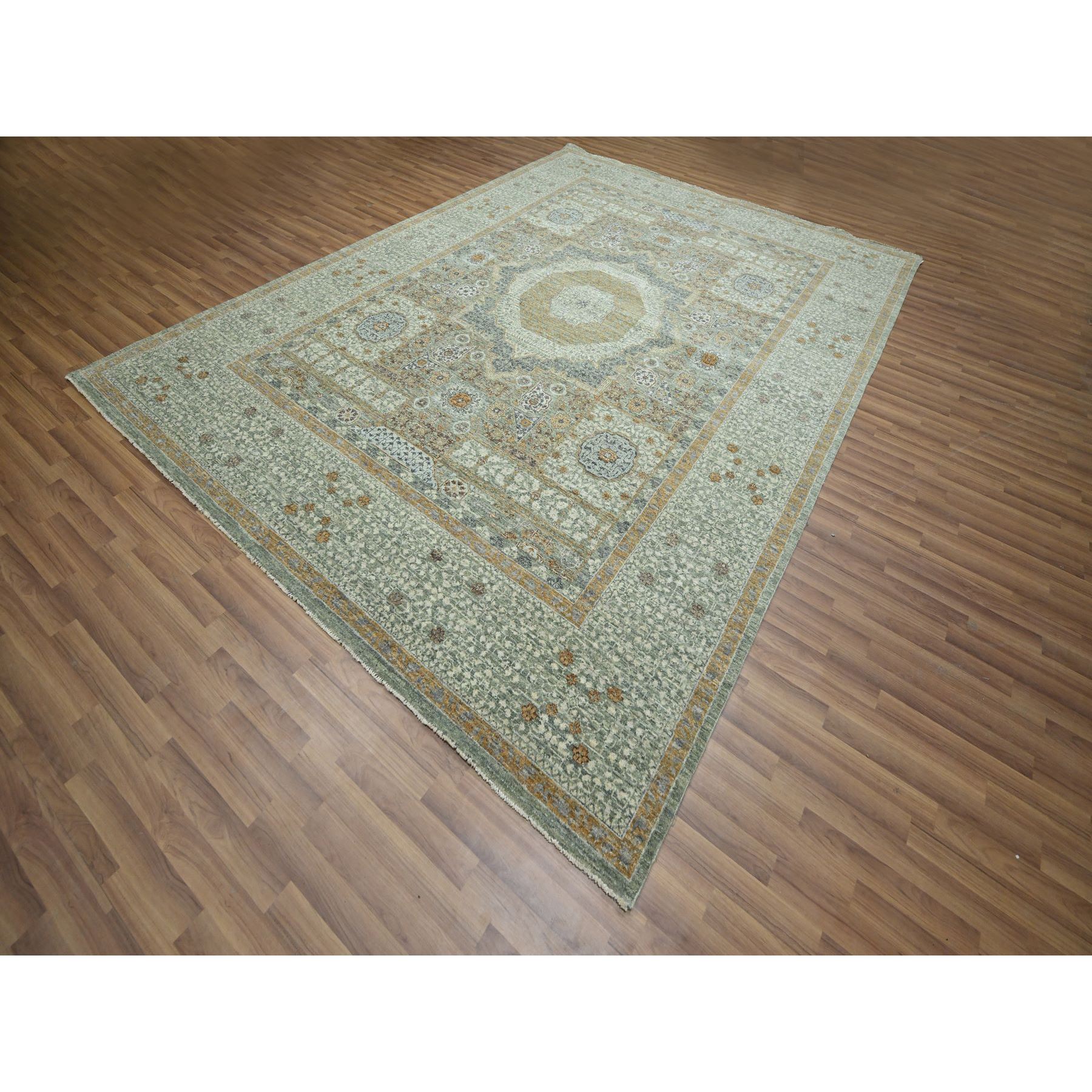 9'x12'1" Pistachio Green, Mamluk Design, Pre Historic 14th Century Influence, Natural Dyes, Pure Wool, Hand Knotted, Oriental Rug Sh76432