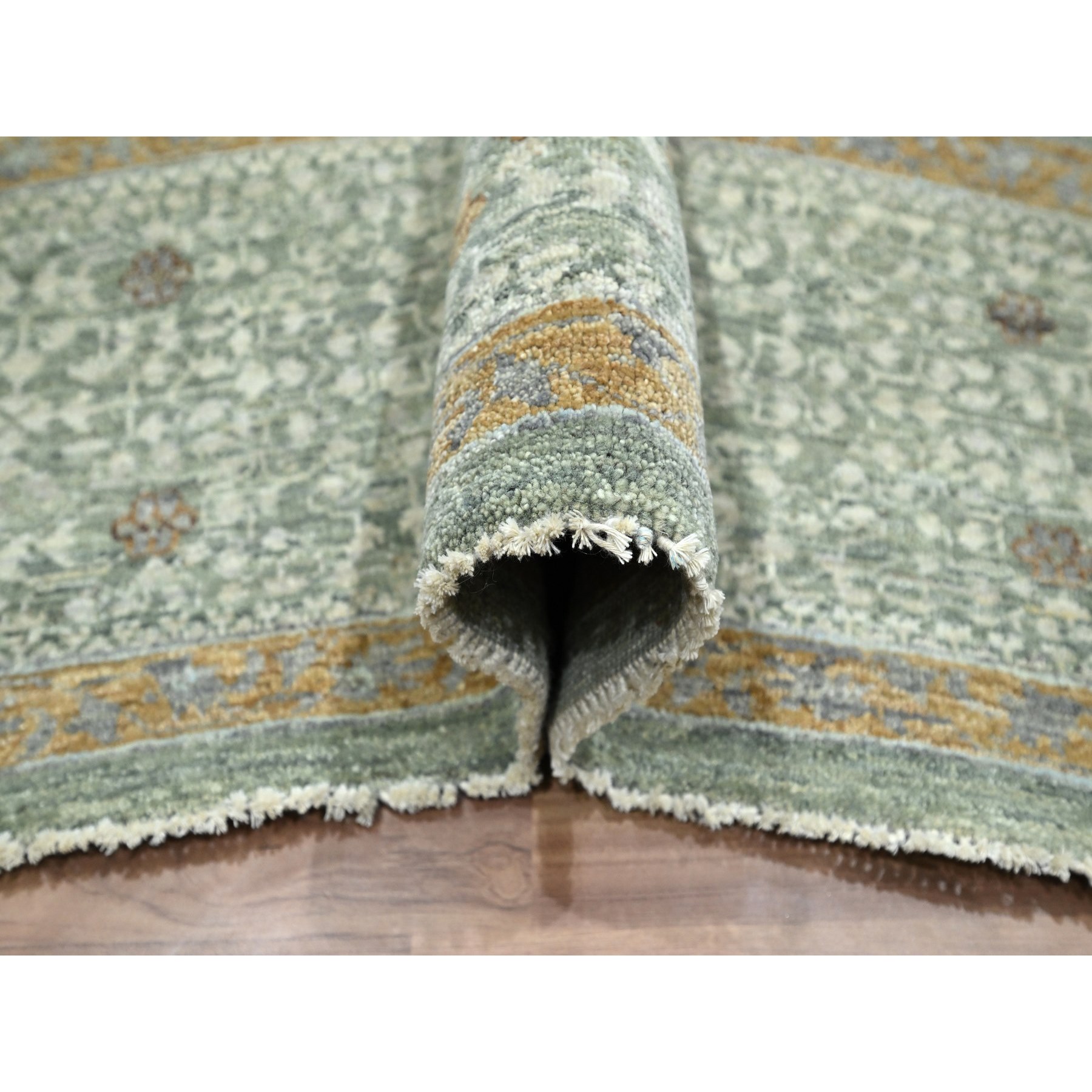 9'x12'1" Pistachio Green, Mamluk Design, Pre Historic 14th Century Influence, Natural Dyes, Pure Wool, Hand Knotted, Oriental Rug Sh76432