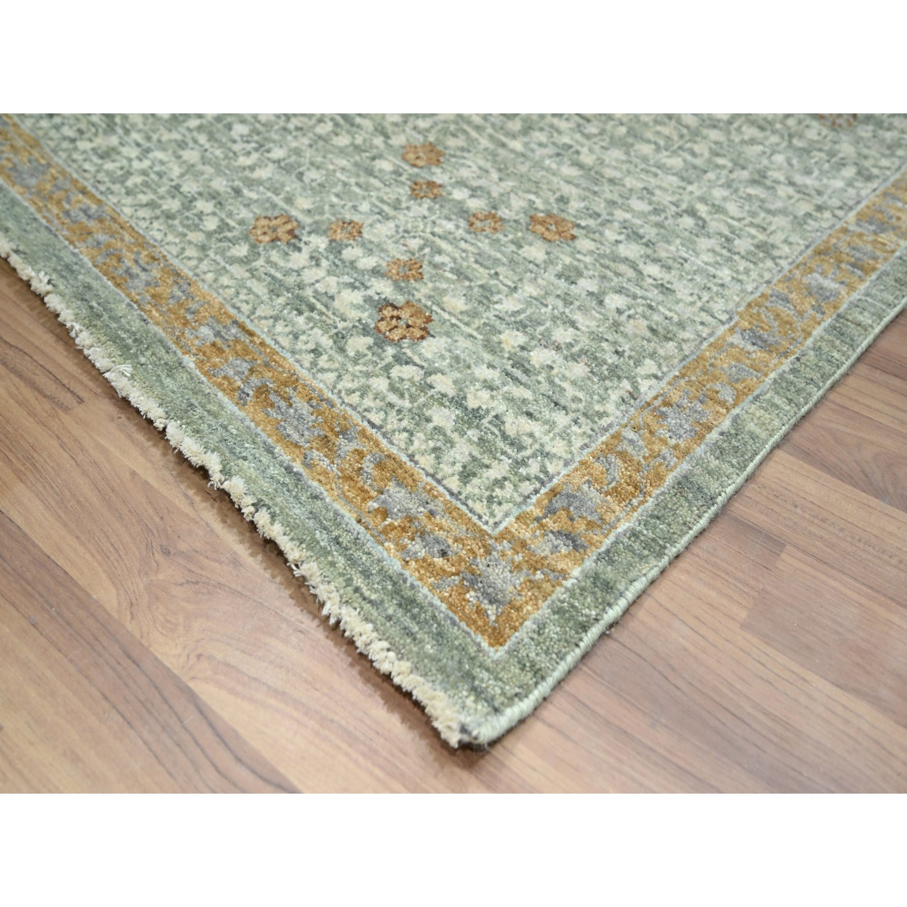 9'x12'1" Pistachio Green, Mamluk Design, Pre Historic 14th Century Influence, Natural Dyes, Pure Wool, Hand Knotted, Oriental Rug Sh76432