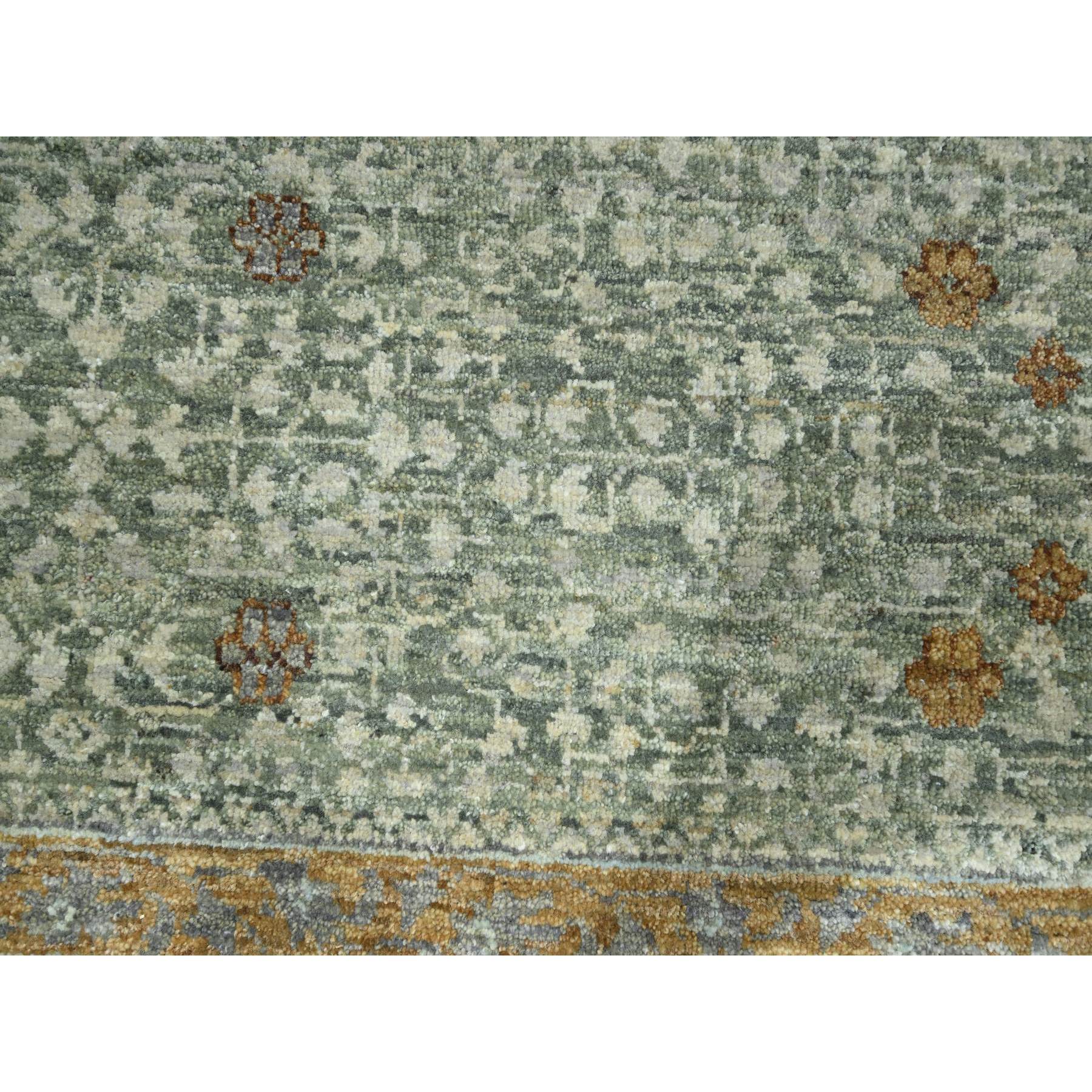 9'x12'1" Pistachio Green, Mamluk Design, Pre Historic 14th Century Influence, Natural Dyes, Pure Wool, Hand Knotted, Oriental Rug Sh76432