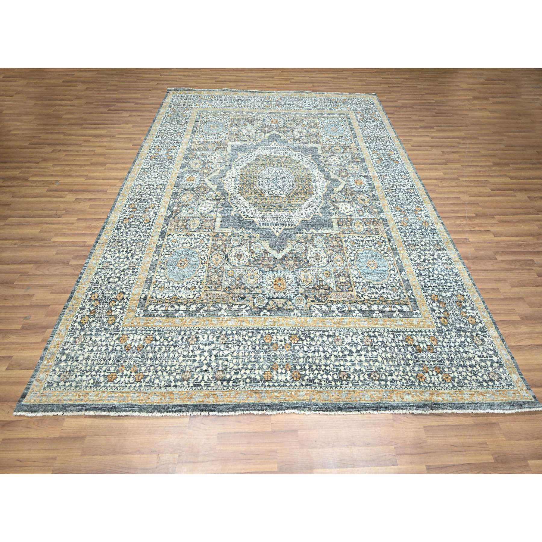 8'3"x10'1" Charcoal Gray, Mamluk Design, Pre Historic 14th Century Influence, Natural Dyes, 100% Wool, Hand Knotted, Oriental Rug Sh76435