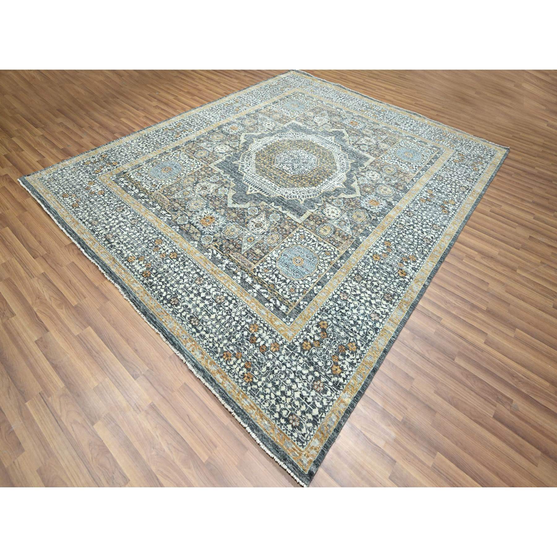 8'3"x10'1" Charcoal Gray, Mamluk Design, Pre Historic 14th Century Influence, Natural Dyes, 100% Wool, Hand Knotted, Oriental Rug Sh76435