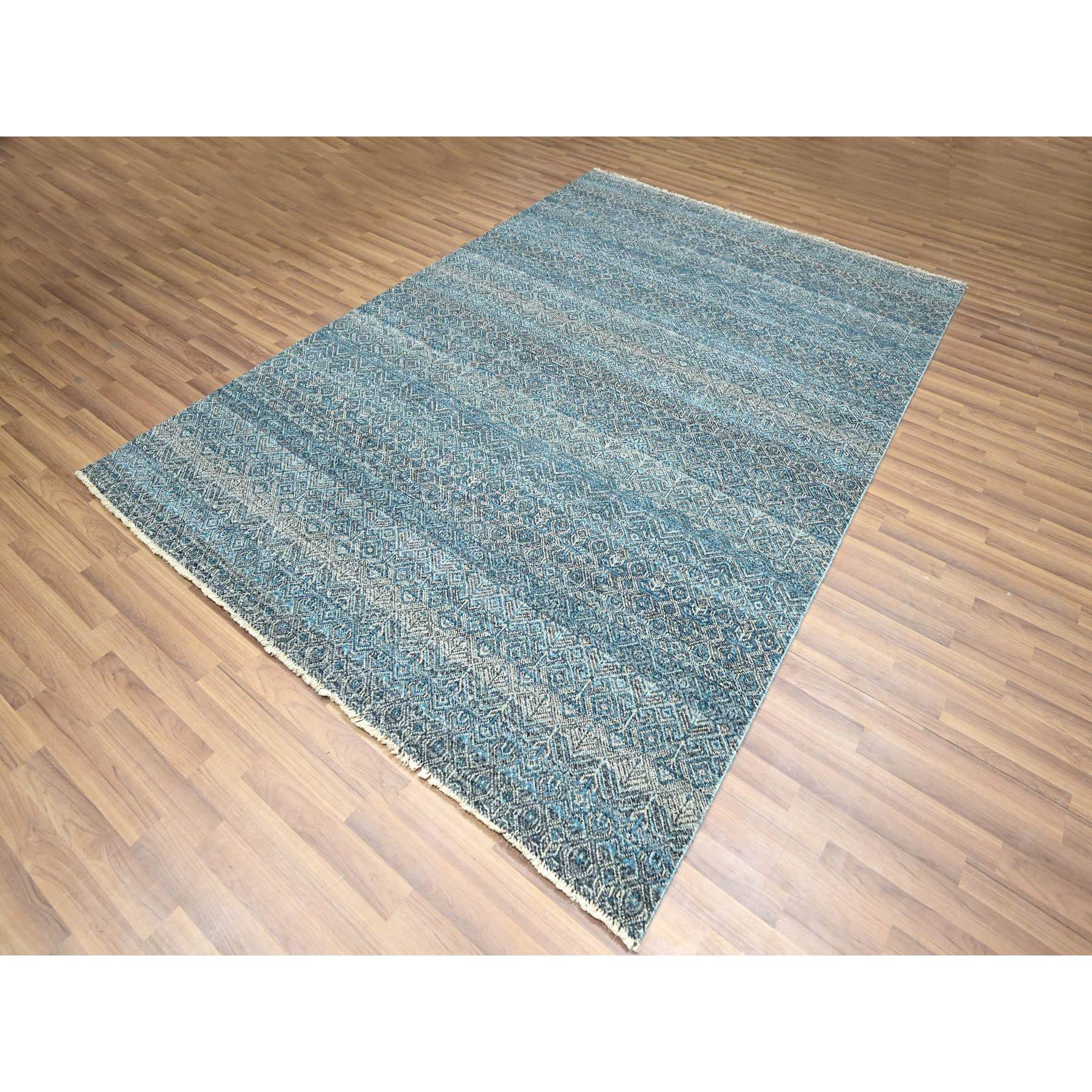 6'x9' Cerulean Blue, Kohinoor Herat Pattern, Small Geometric Repetitive Diamond Design, Soft Wool, Tone On Tone, Hand Knotted, Oriental Rug Sh76436