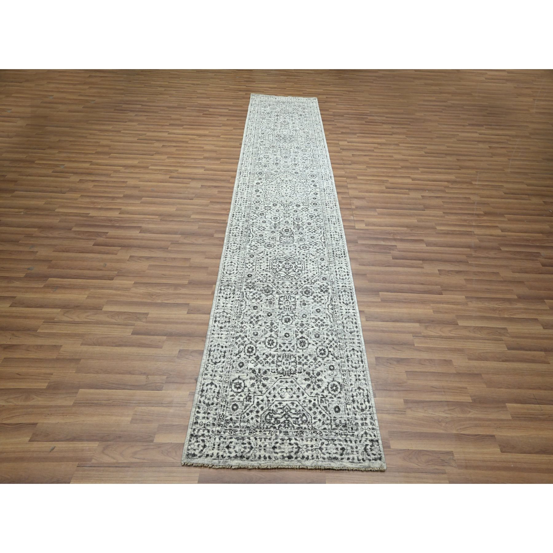 2'7"x12' Vista White, Pre Historic 14th Century Influence, Mamluk Design, Natural Dyes, Hand Knotted, Pure Wool, Runner, Oriental Rug Sh76437