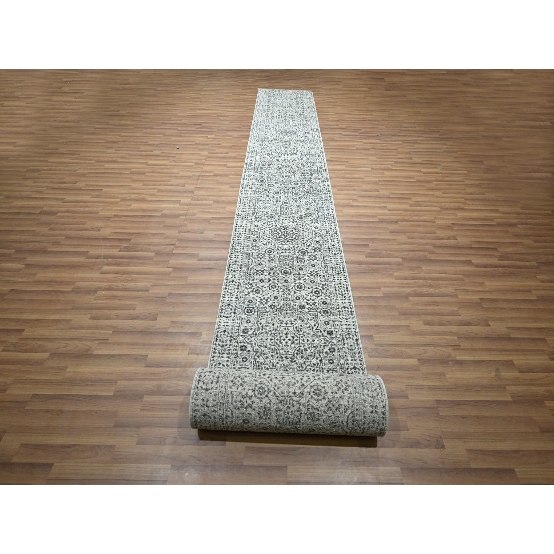 2'8"x26' Porcelain White, Mamluk Design, Pre Historic 14th Century Influence, Natural Dyes, Hand Knotted, Pure Wool, XL Runner, Oriental Rug Sh76438