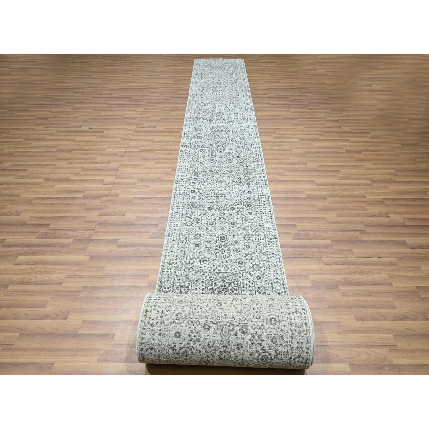 2'6"x30' Daisy White, Mamluk Design, Pre Historic 14th Century Influence, Natural Dyes, Hand Knotted, Pure Wool, XL Runner, Oriental Rug Sh76439