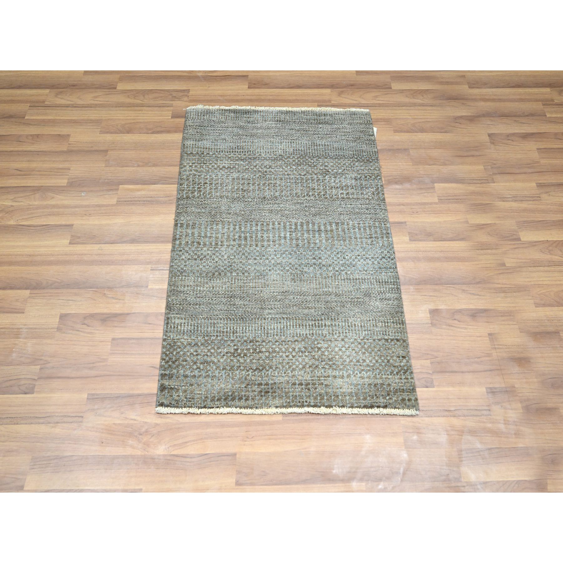 2'x3' Coffee Brown, Modern Grass Design, Hand Knotted, Undyed Natural Wool, Mat, Sample, Lush and Plush, Tone on Tone, Oriental Rug Sh76446