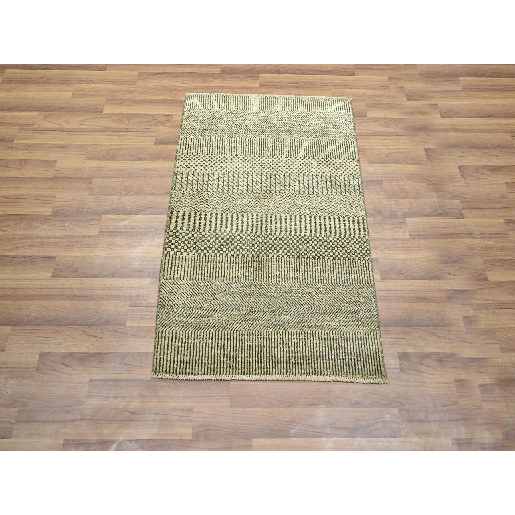 2'x3' Beige, Modern Grass Design, Hand Knotted, Tone on Tone, Wool with touch of Silk, Lush and Plush, Mat, Sample, Oriental Rug Sh76449