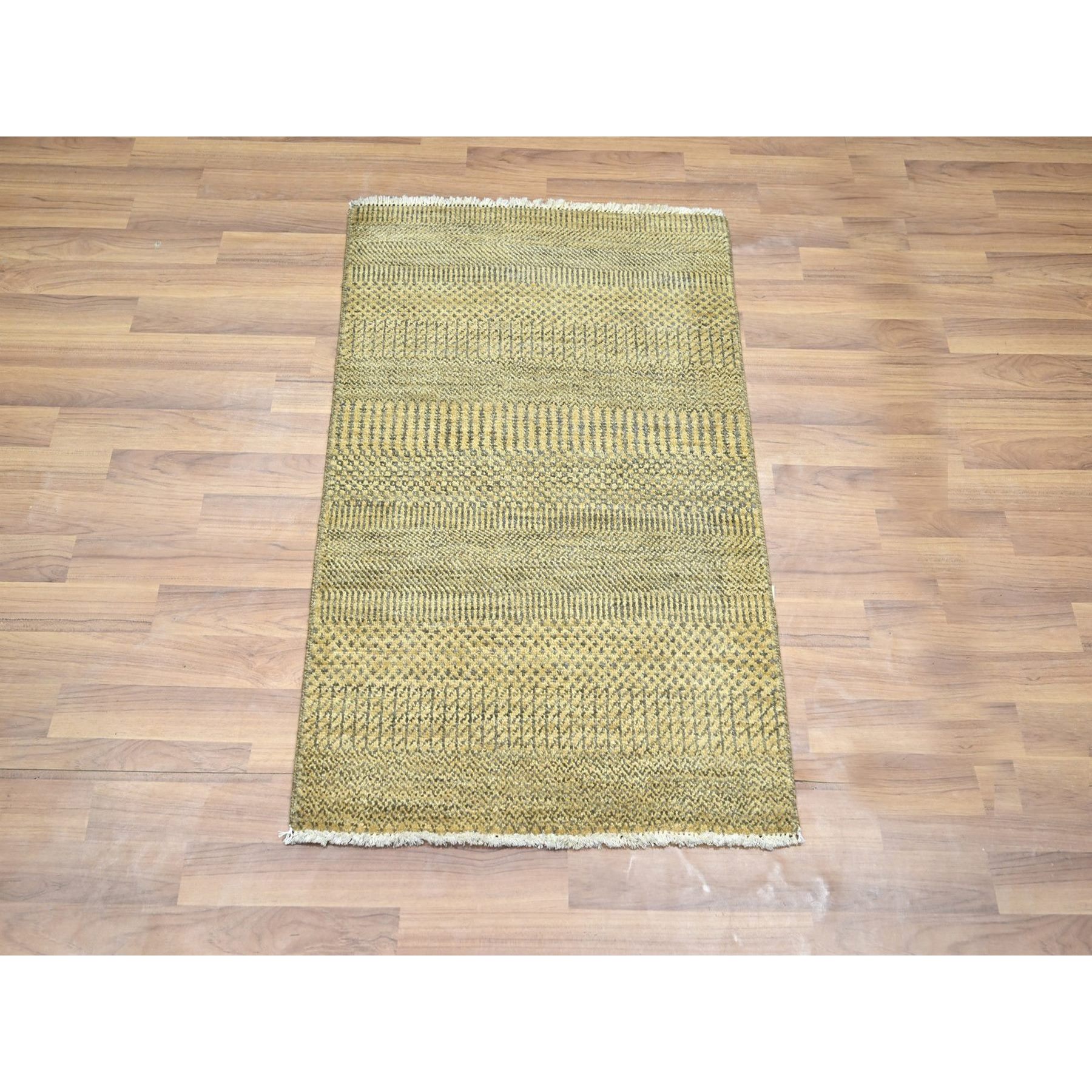 2'x3' Ecru Brown, Modern Grass Design, Hand Knotted, Tone on Tone, Wool with touch of Silk, Lush and Plush, Sample, Mat, Oriental Rug Sh76455