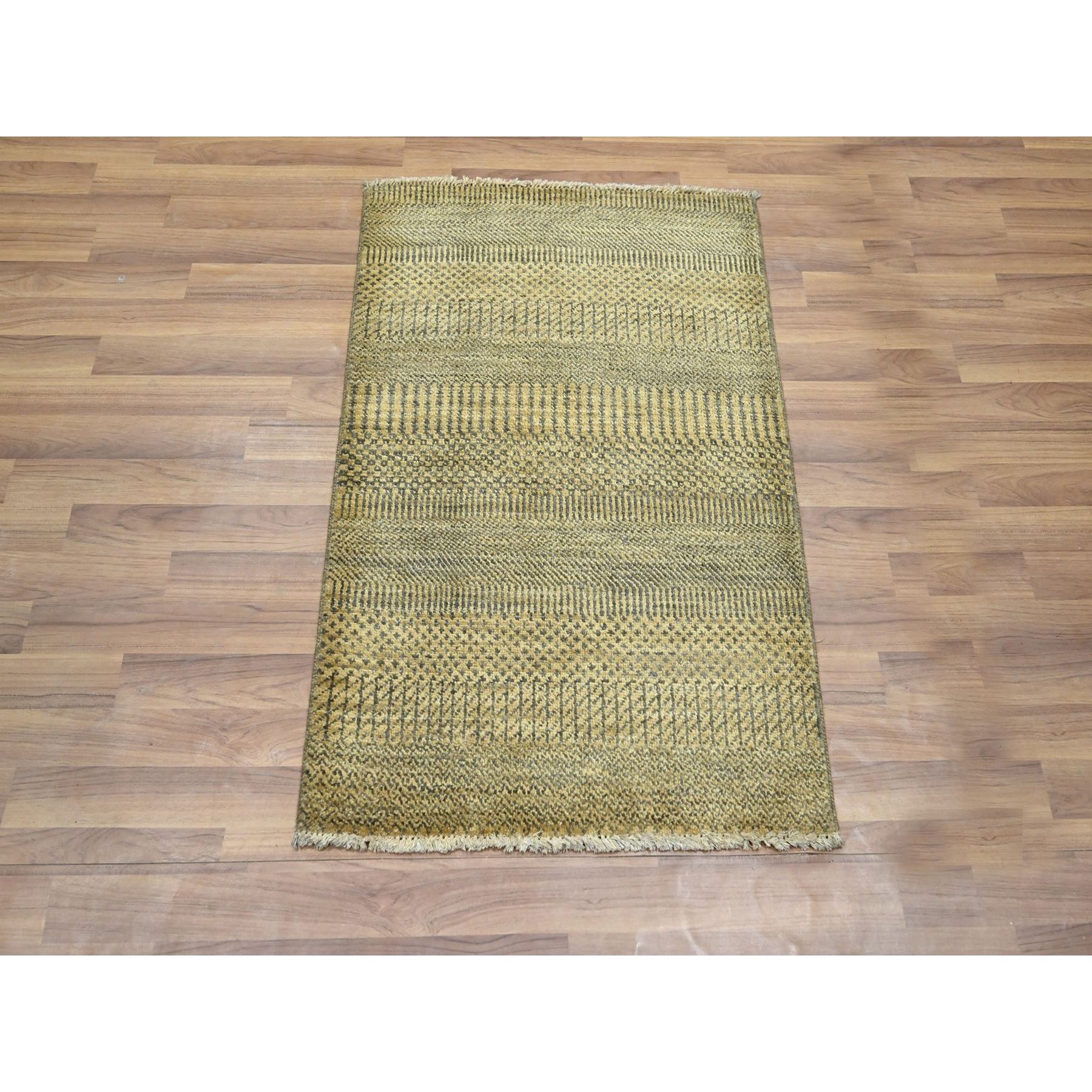 2'x3' Golden Brown, Modern Grass Design, Hand Knotted, Wool with touch of Silk, Tone on Tone, Lush and Plush, Mat, Sample, Oriental Rug Sh76456
