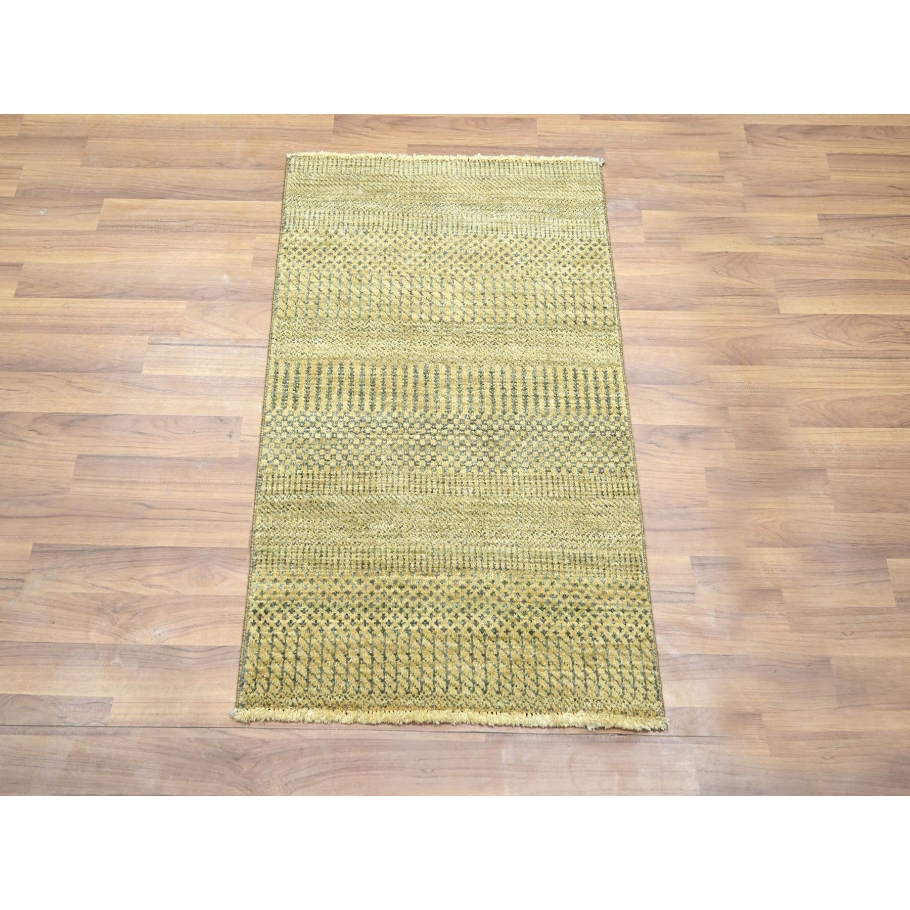2'x3' Light Brown, Modern Grass Design, Hand Knotted, Wool with touch of Silk, Tone on Tone, Lush and Plush, Mat, Sample, Oriental Rug Sh76458