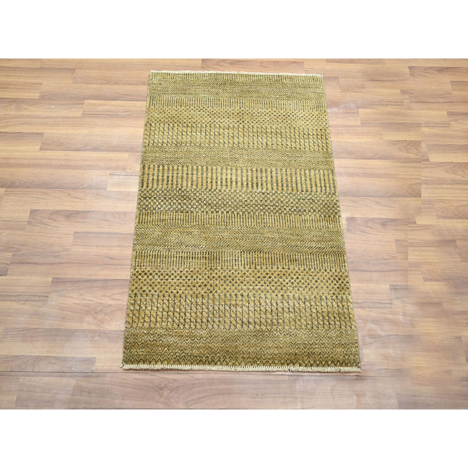 2'x3' Honey Brown, Modern Grass Design, Hand Knotted, Wool with touch of Silk, Tone on Tone, Lush and Plush, Mat, Sample, Oriental Rug Sh76459