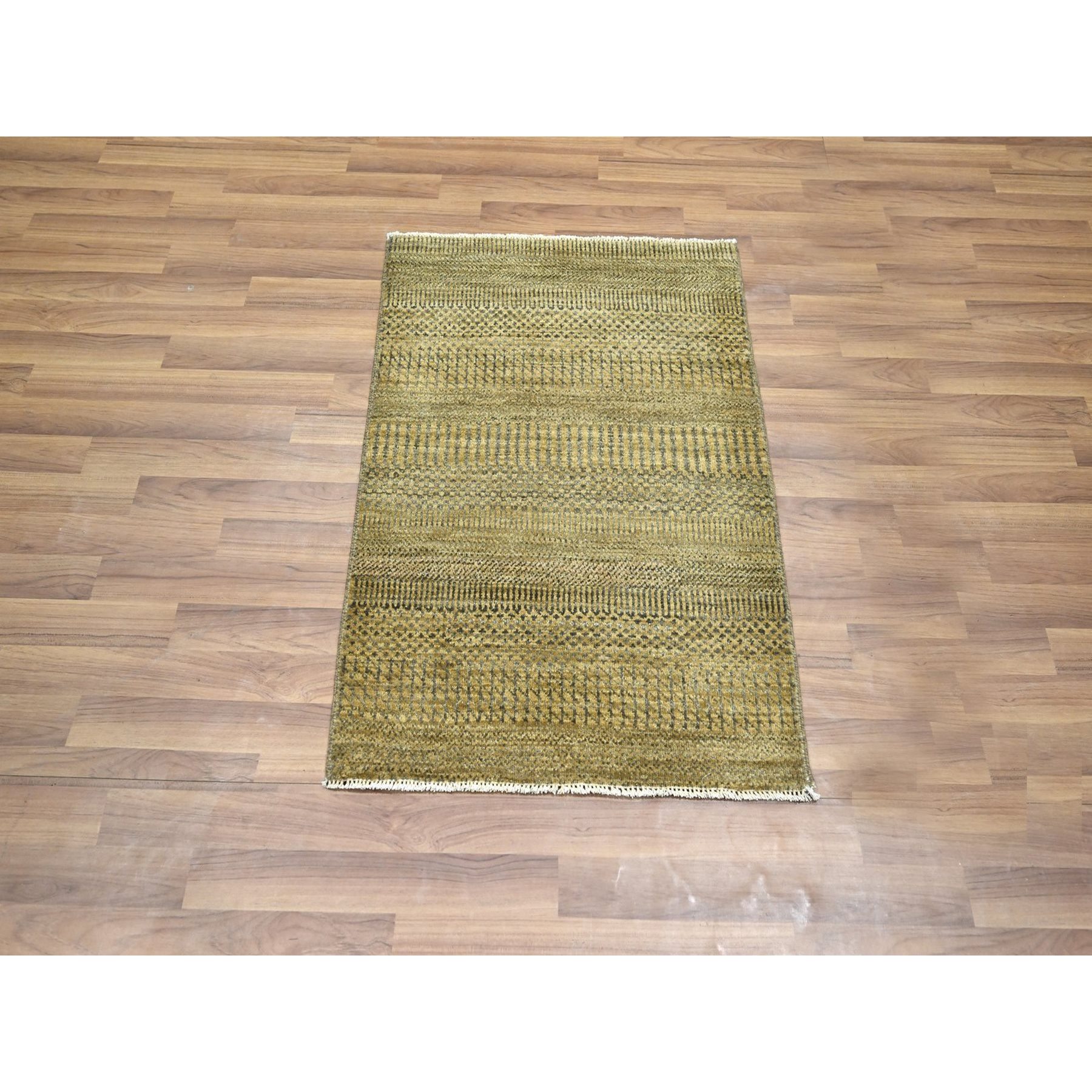 2'x3' Ecru Brown, Modern Grass Design, Wool with touch of Silk, Hand Knotted, Tone on Tone, Lush and Plush, Mat, Sample, Oriental Rug Sh76461