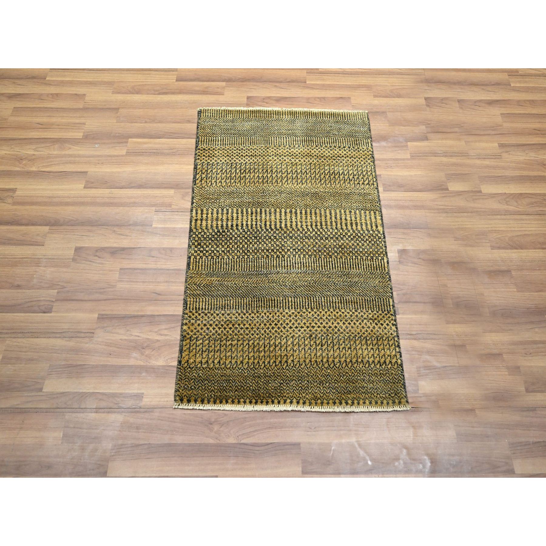 2'x3' Golden Brown, Modern Grass Design, Hand Knotted, Wool with touch of Silk, Tone on Tone, Lush and Plush, Mat, Sample, Oriental Rug Sh76462