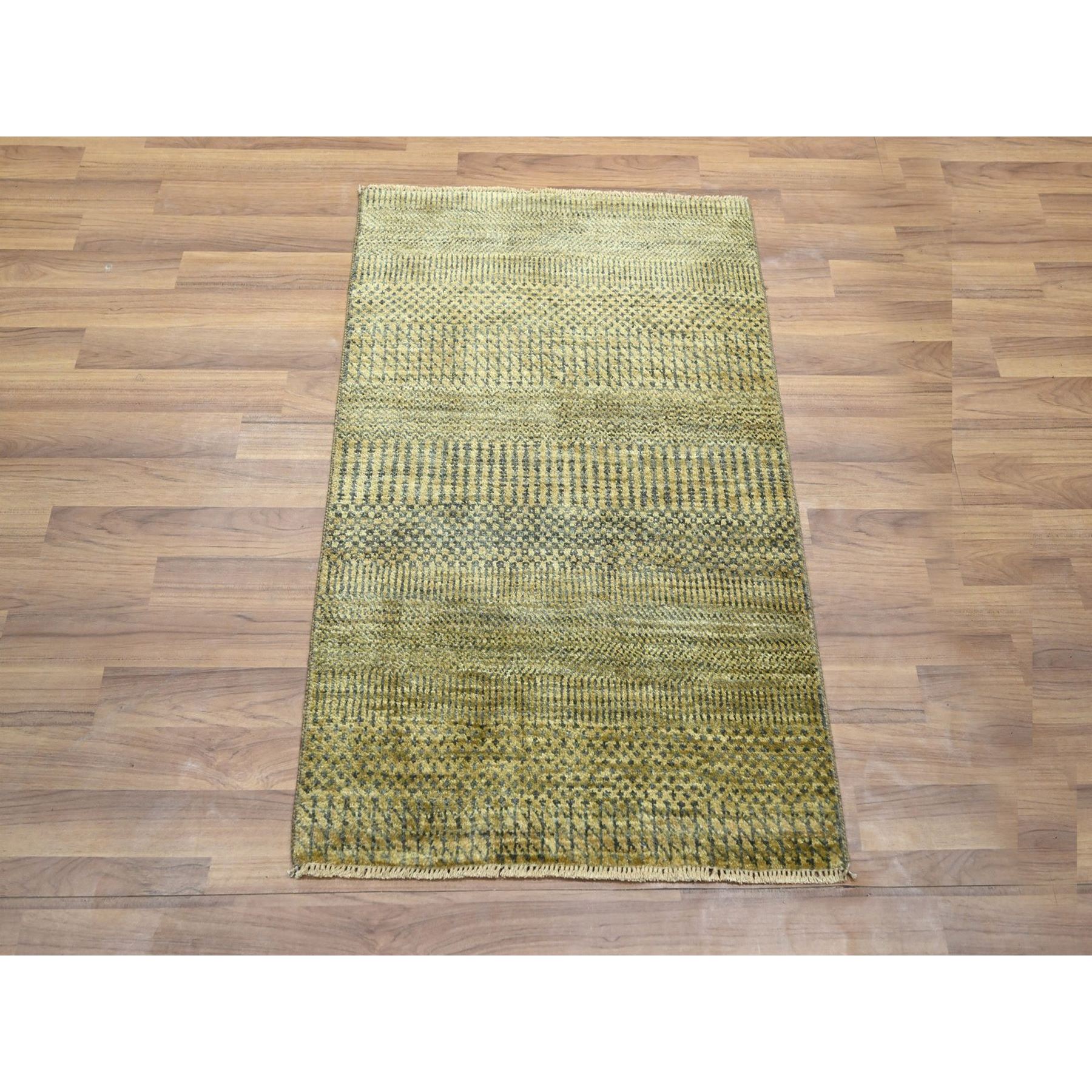2'x3' Golden Brown, Modern Grass Design, Tone on Tone, Hand Knotted, Wool with touch of Silk, Lush and Plush, Mat, Sample, Oriental Rug Sh76463