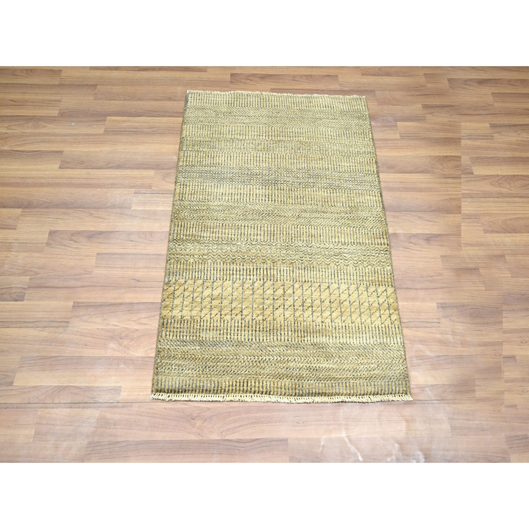 2'x3' Honey Brown, Modern Grass Design, Hand Knotted, Wool with touch of Silk, Tone on Tone, Lush and Plush, Mat, Sample, Oriental Rug Sh76465