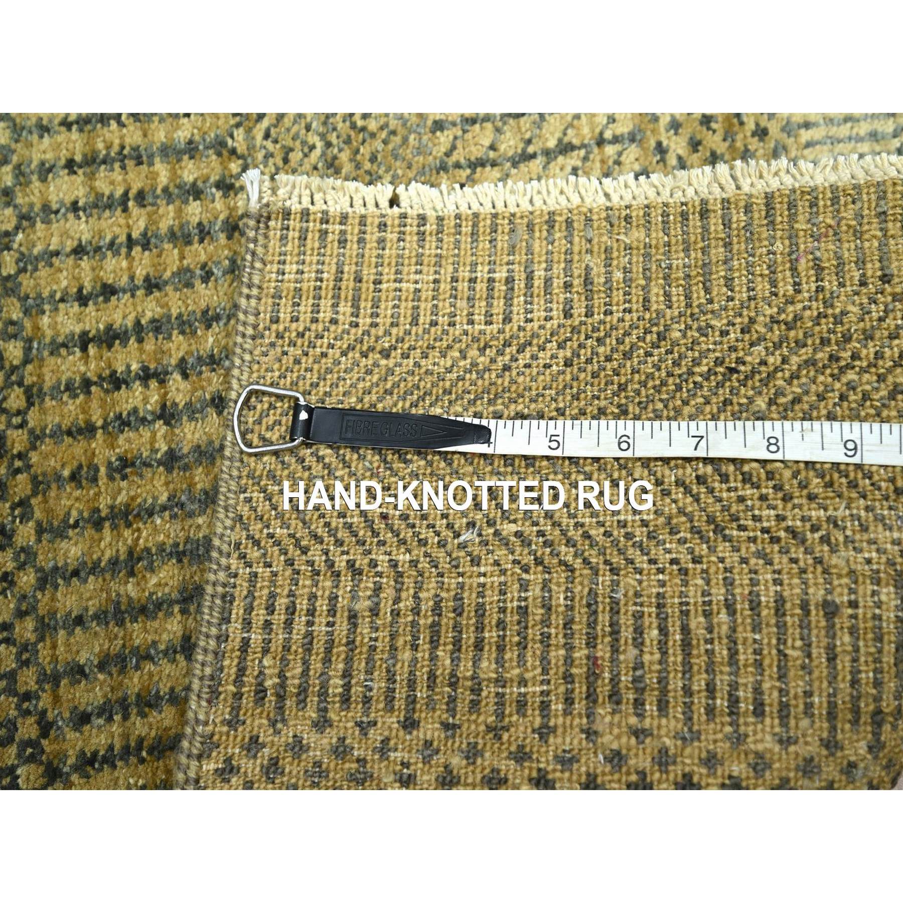 2'x3' Ecru Brown, Modern Grass Design, Hand Knotted, Wool with touch of Silk, Tone on Tone, Lush and Plush, Mat, Sample, Oriental Rug Sh76466