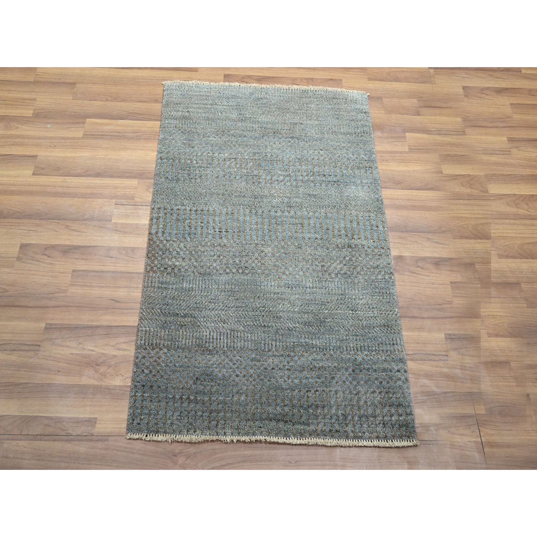 2'x3' Stone Blue, Wool with touch of Silk, Tone on Tone, Lush and Plush, Sample, Modern Grass Design, Hand Knotted, Mat, Oriental Rug Sh76489